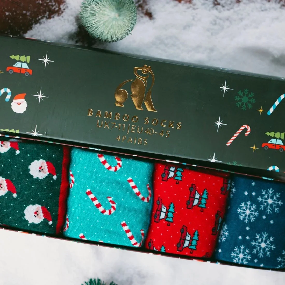 Close View of Boxed Swole Panda Christmas Socks Gift Box 4 Pack