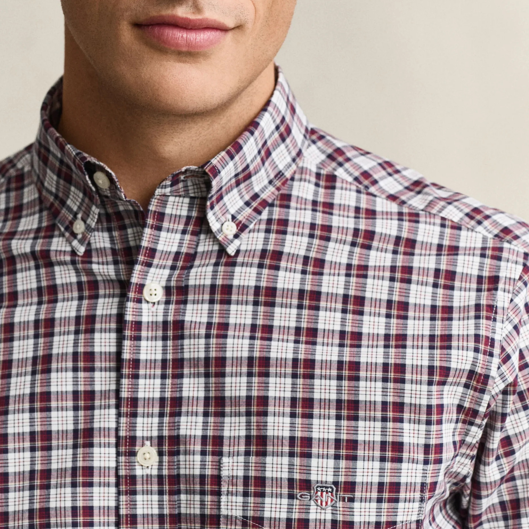 Close View of Model in GANT Regular Fit Poplin Check Shirt in Deep Grape Wine and White