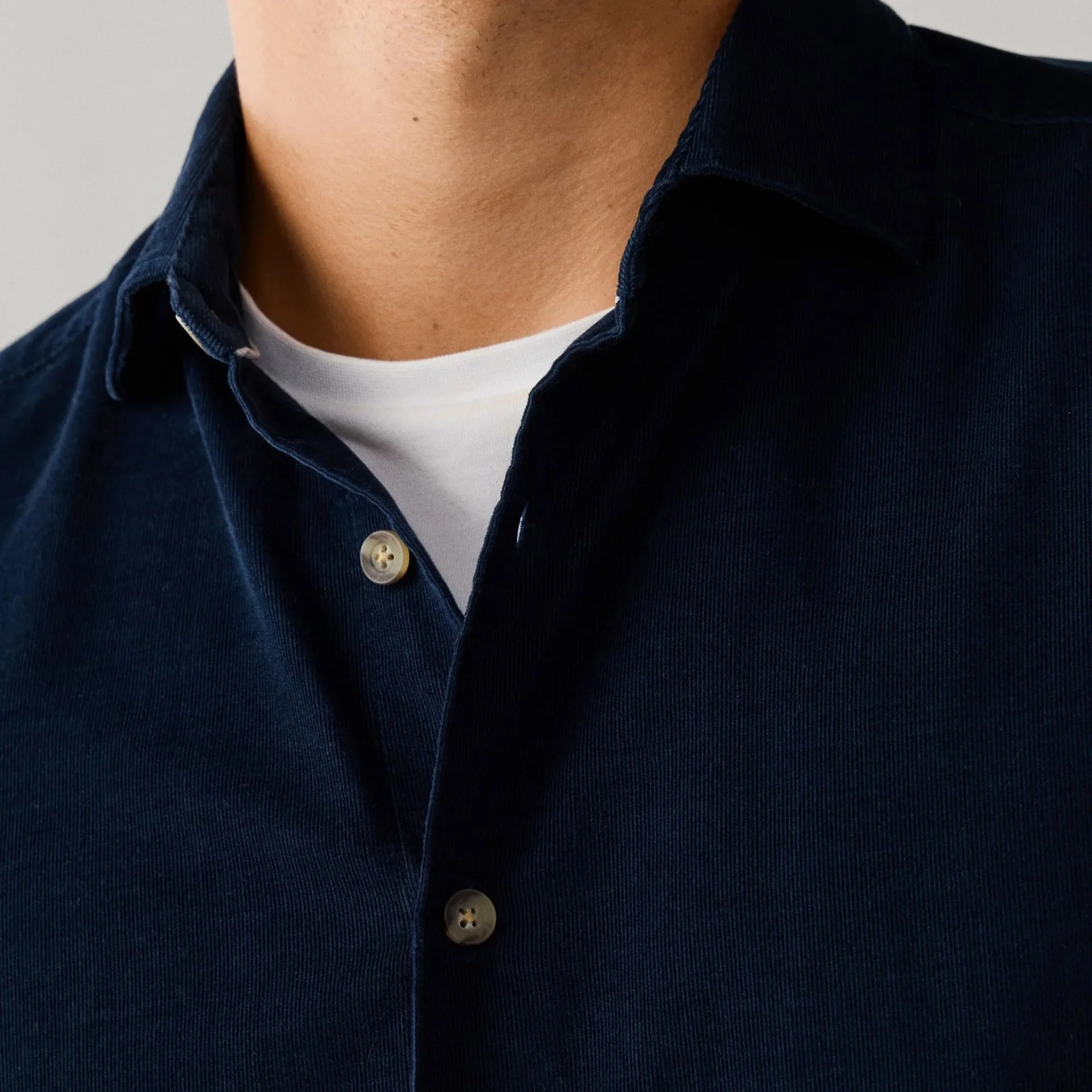 Close View of Model in Hackett Babycord Shirt in Navy