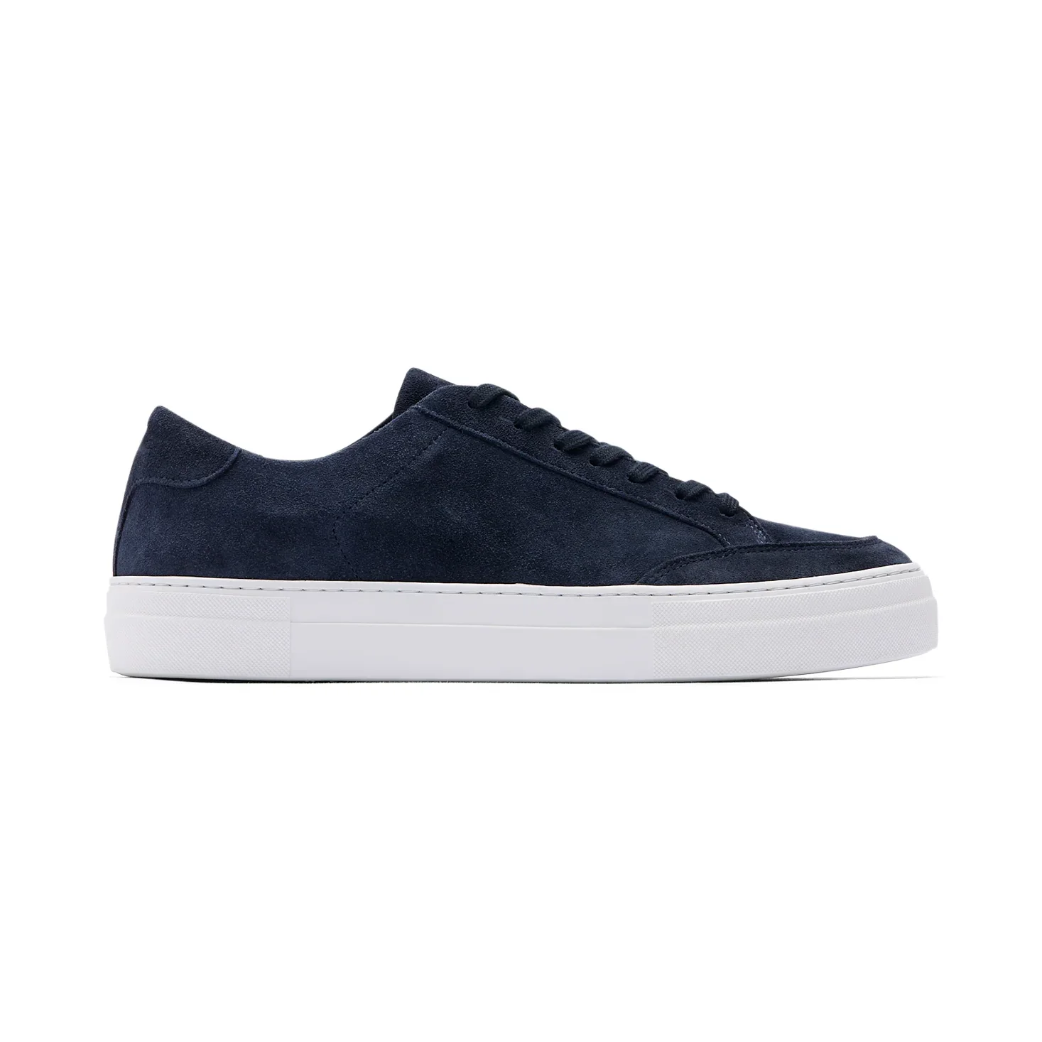 Side View of J Lindeberg Suede Tennis Trainer in Navy