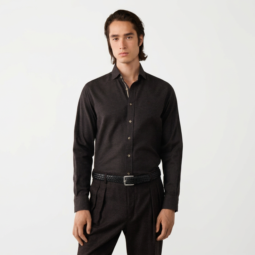 Front View of Model in Hackett Flannel Shirt in Ebony Brown
