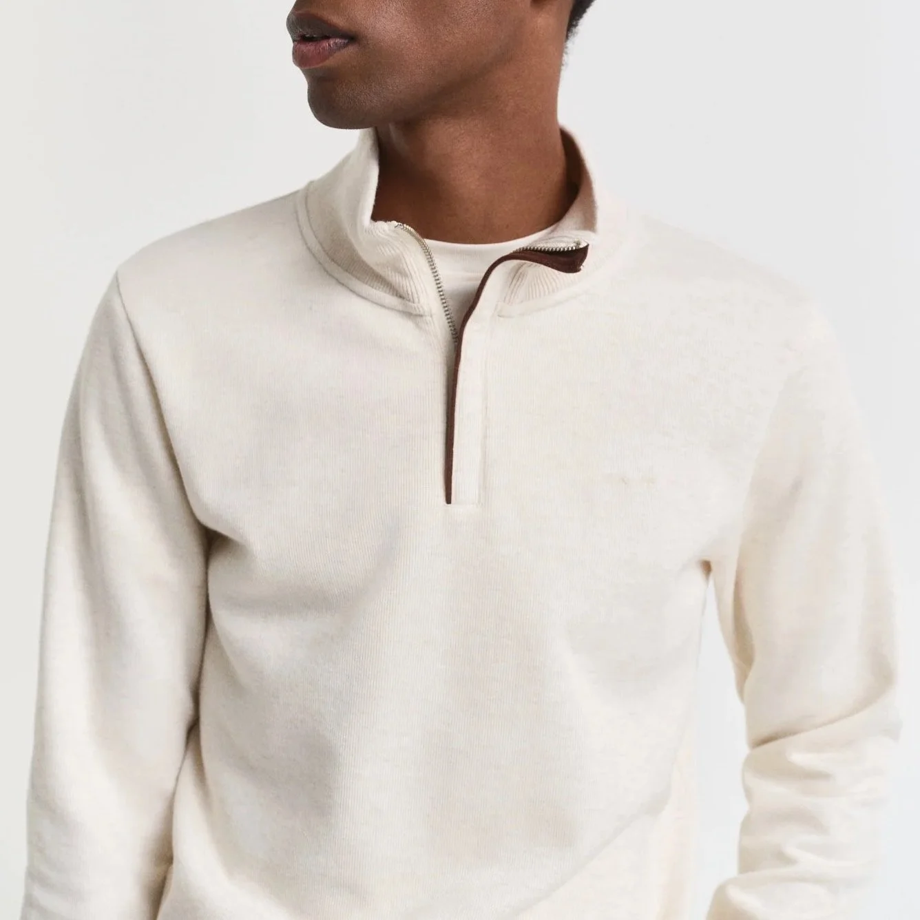 Close Model View of GANT Sacker Rib Half Zip Jumper in Cream