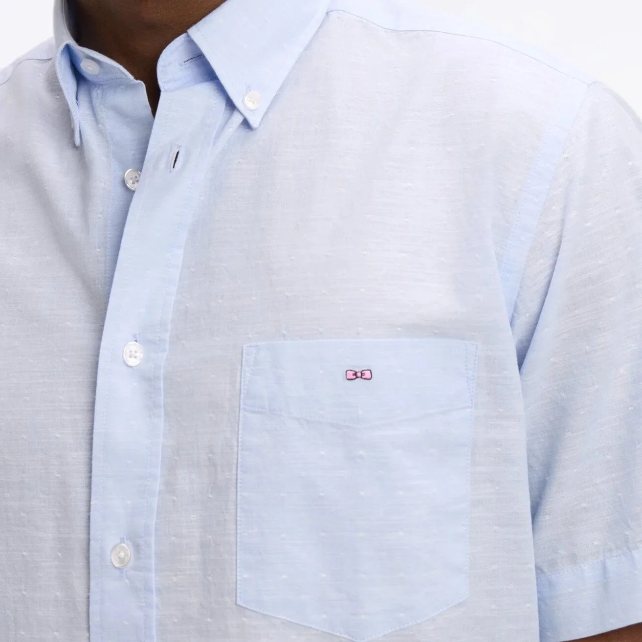Close View of Eden Park Texture Short Sleeve Shirt in Light Blue