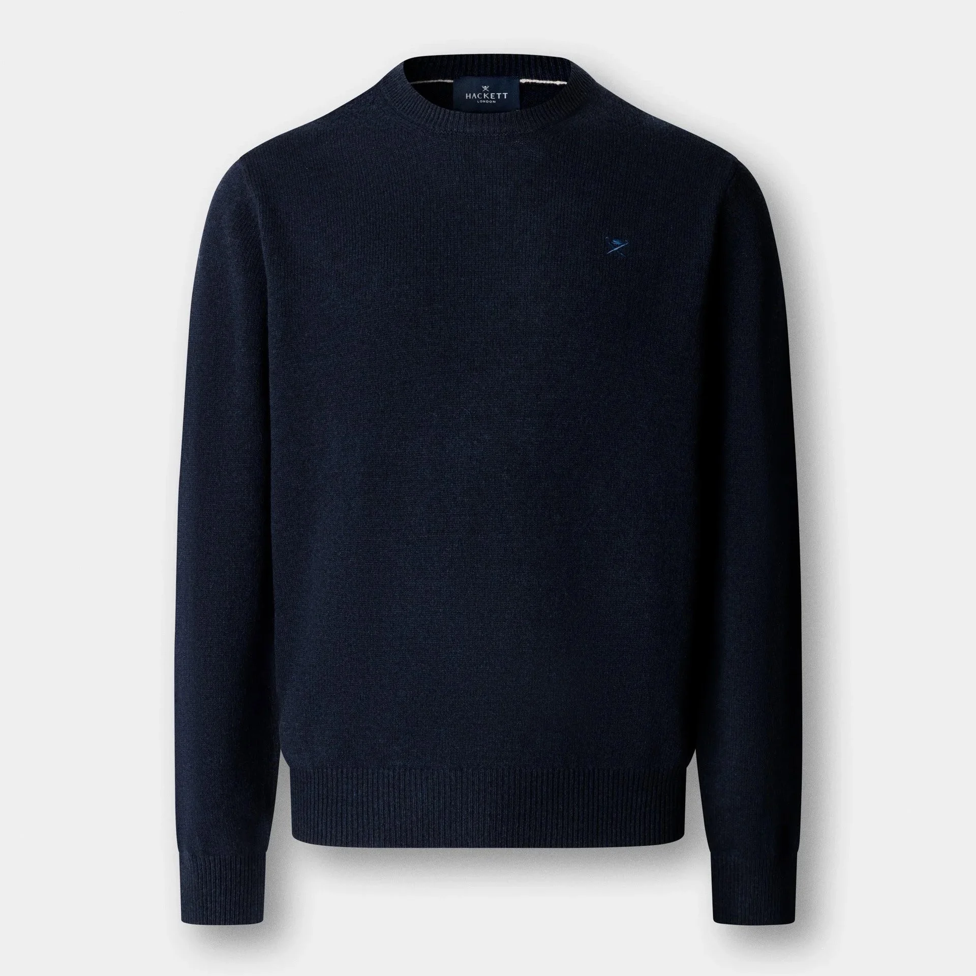 Flat View of Hackett Lambswool Crew Neck Jumper in Navy