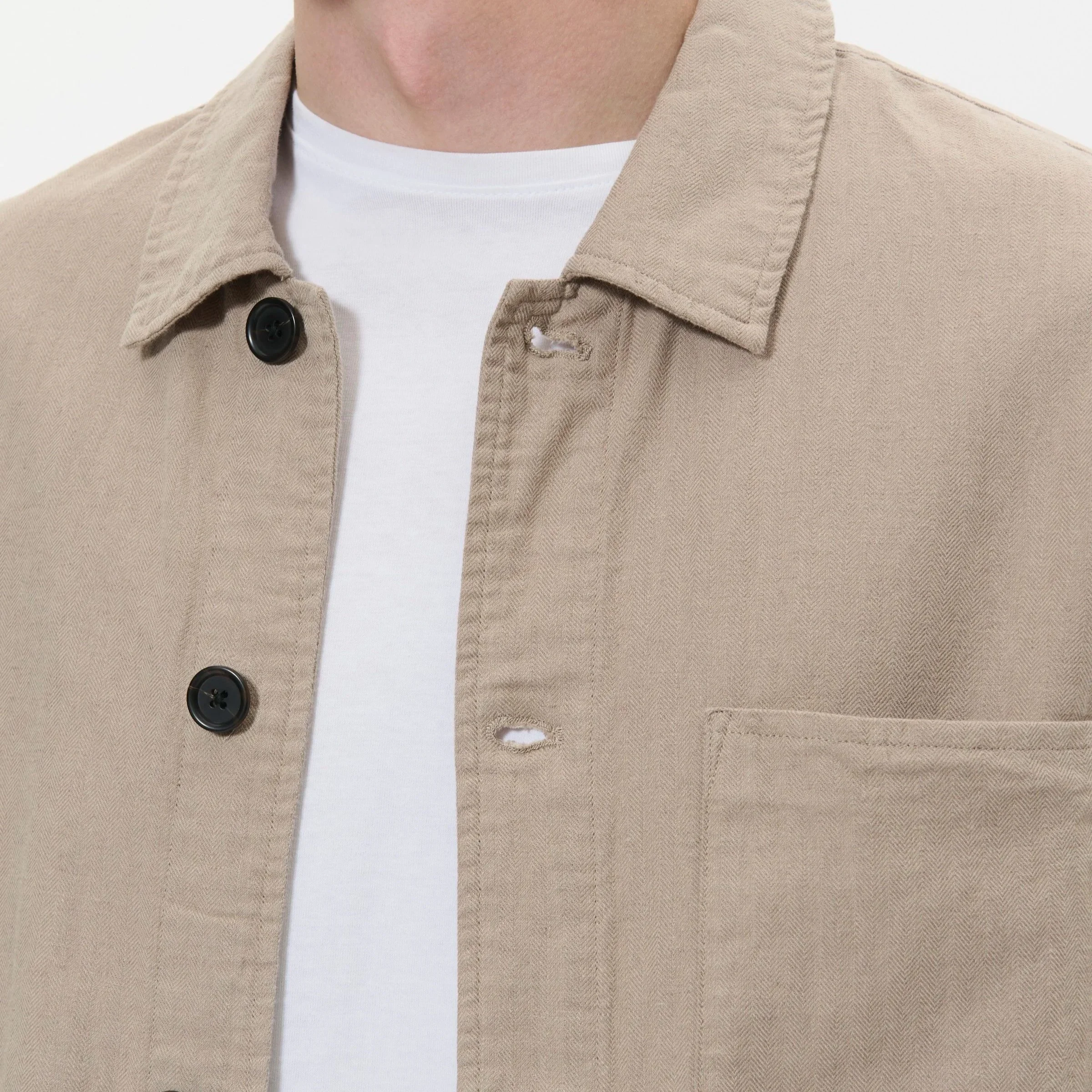Close View of Matinique Cotton and Linen Overshirt in Sand