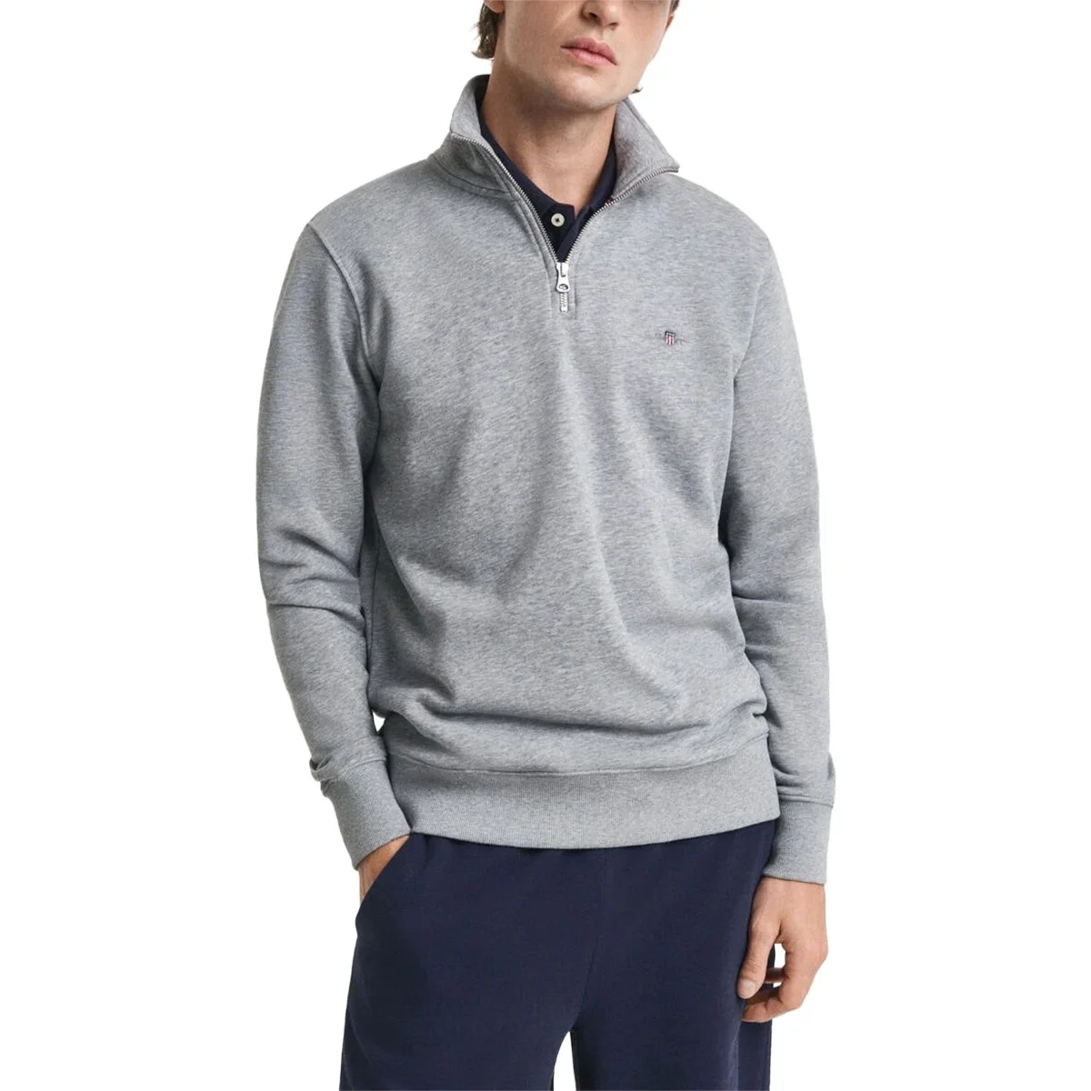 Model View of GANT Herringbone Texture Half Zip Jumper in Grey