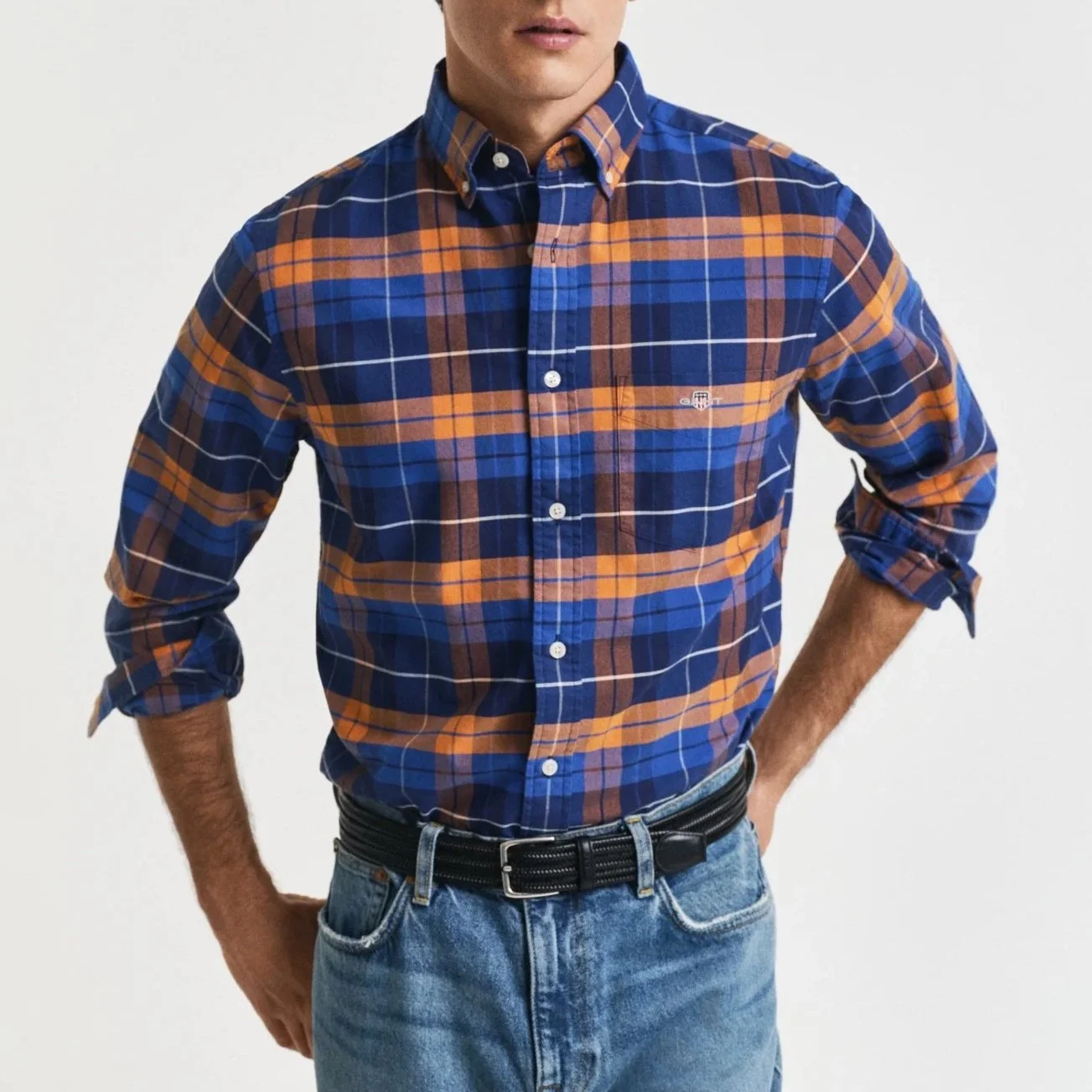 Model View of GANT Cotton Oxford Check Shirt in Navy and Orange