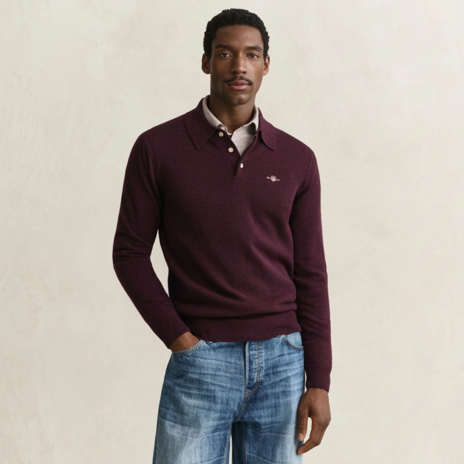 Front View of Model in GANT Superfine Lambswool Polo in Darkened Wine Burgundy