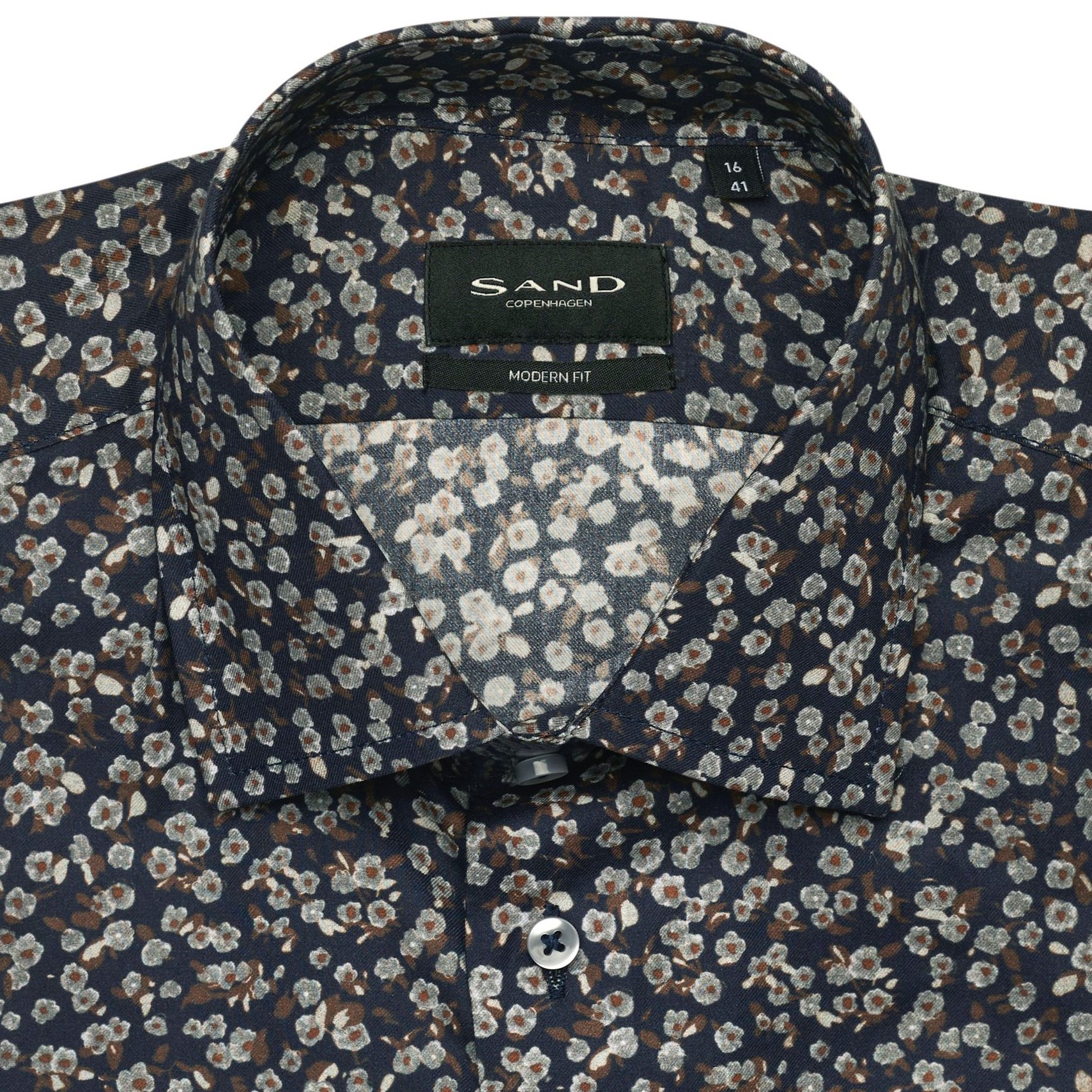 Detail View of SAND Copenhagen Floral Print Shirt in Navy and Brown