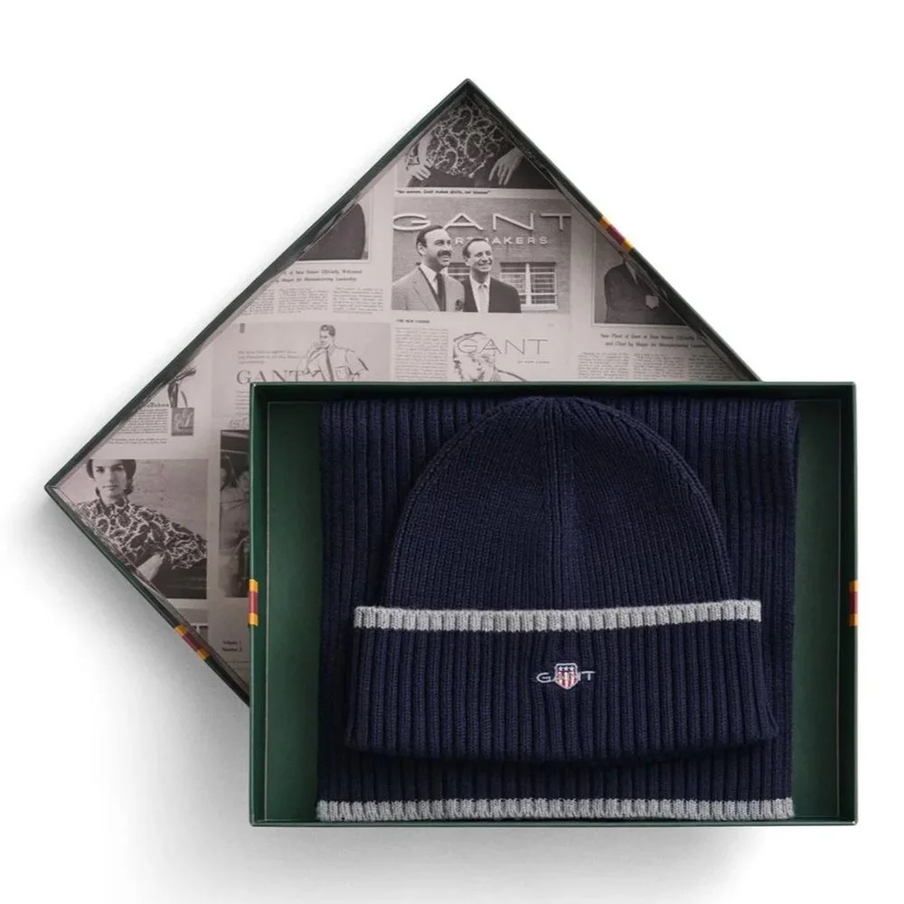 Open Box View of GANT Beanie and Scarf Gift Set in Navy