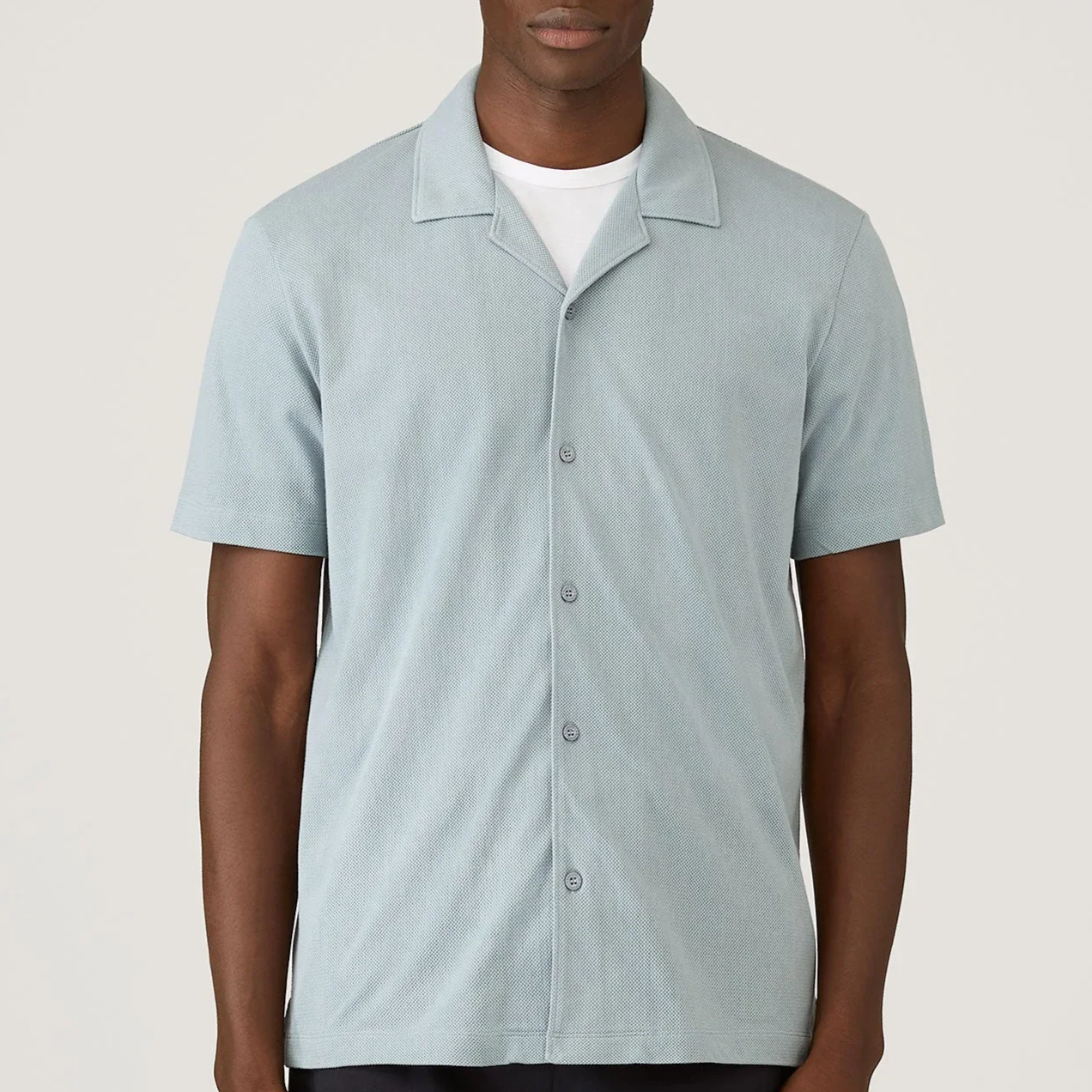 Model View of Sunspel Luxury Mesh Short Sleeve Shirt in Light Blue