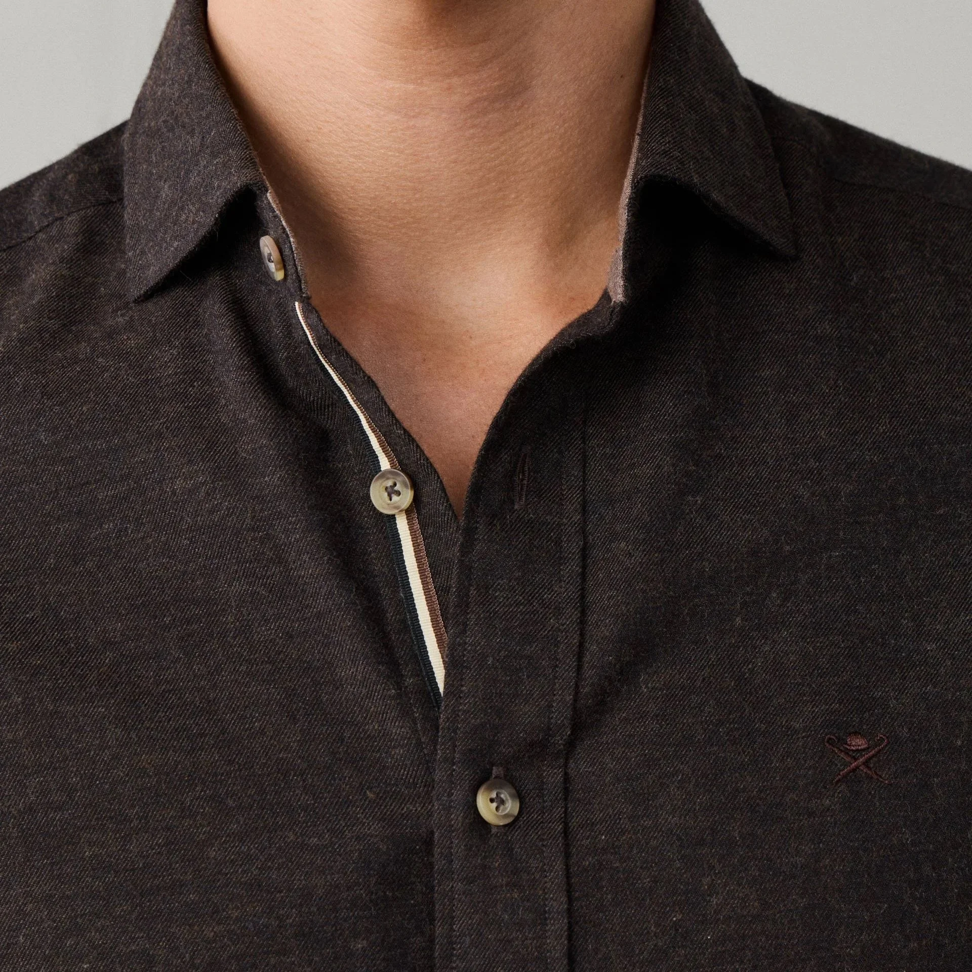 Close View of Model in Hackett Flannel Shirt in Ebony Brown