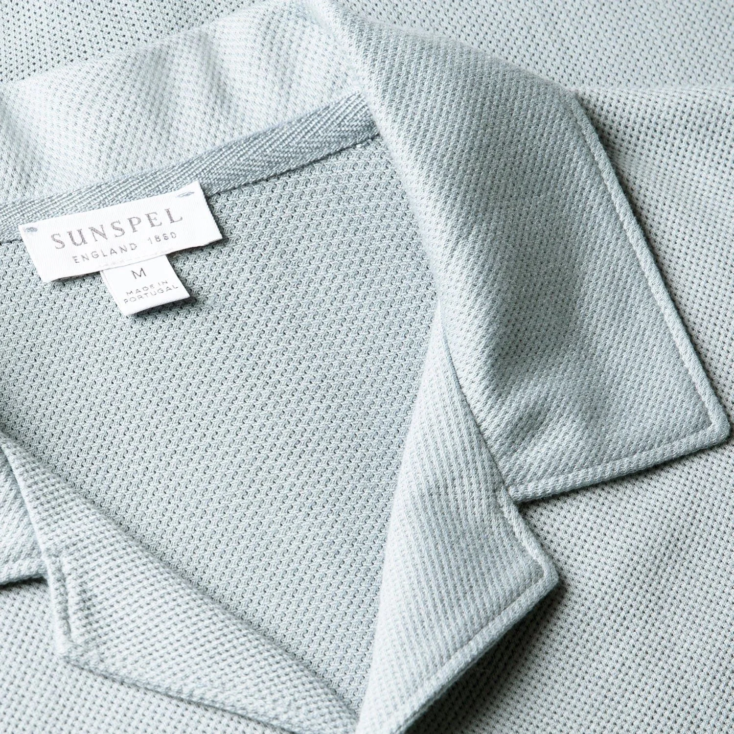 Close View of Sunspel Luxury Mesh Short Sleeve Shirt in Light Blue