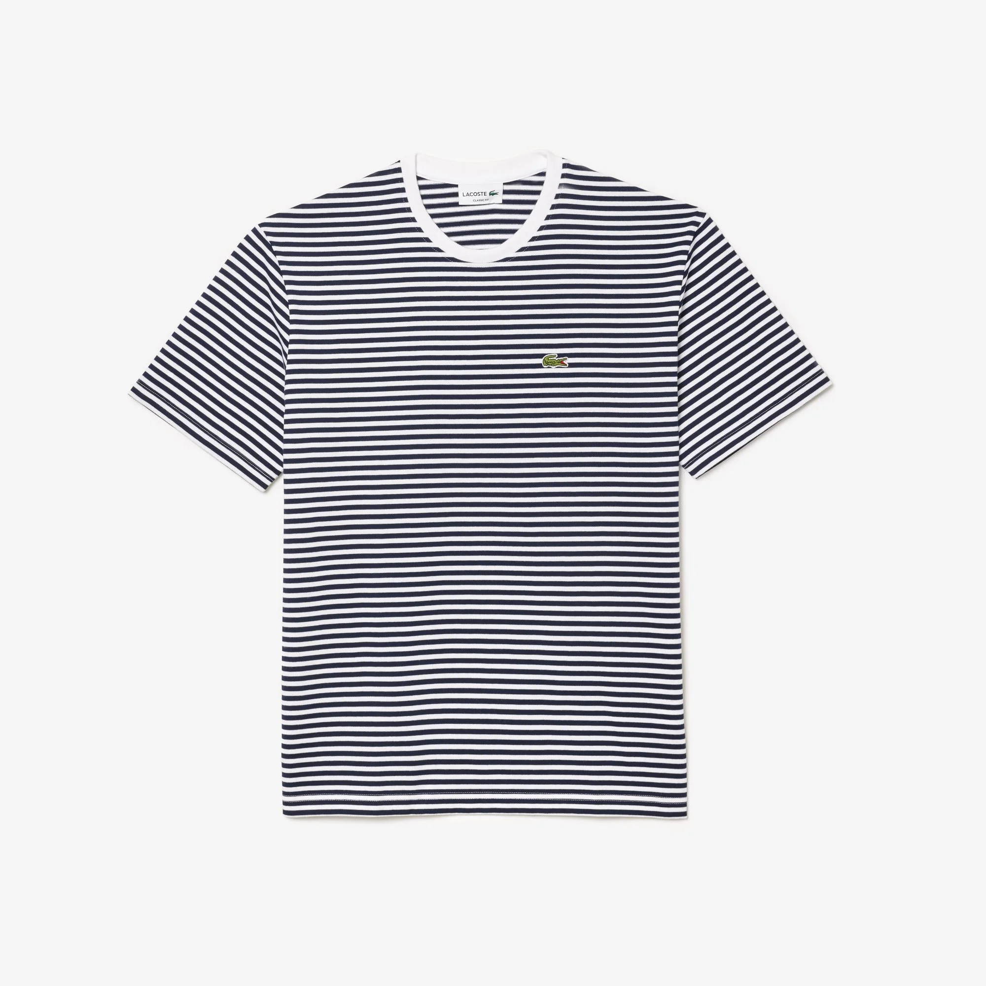 Flat View of Lacoste Heavy Cotton Stripe T Shirt in Navy and White