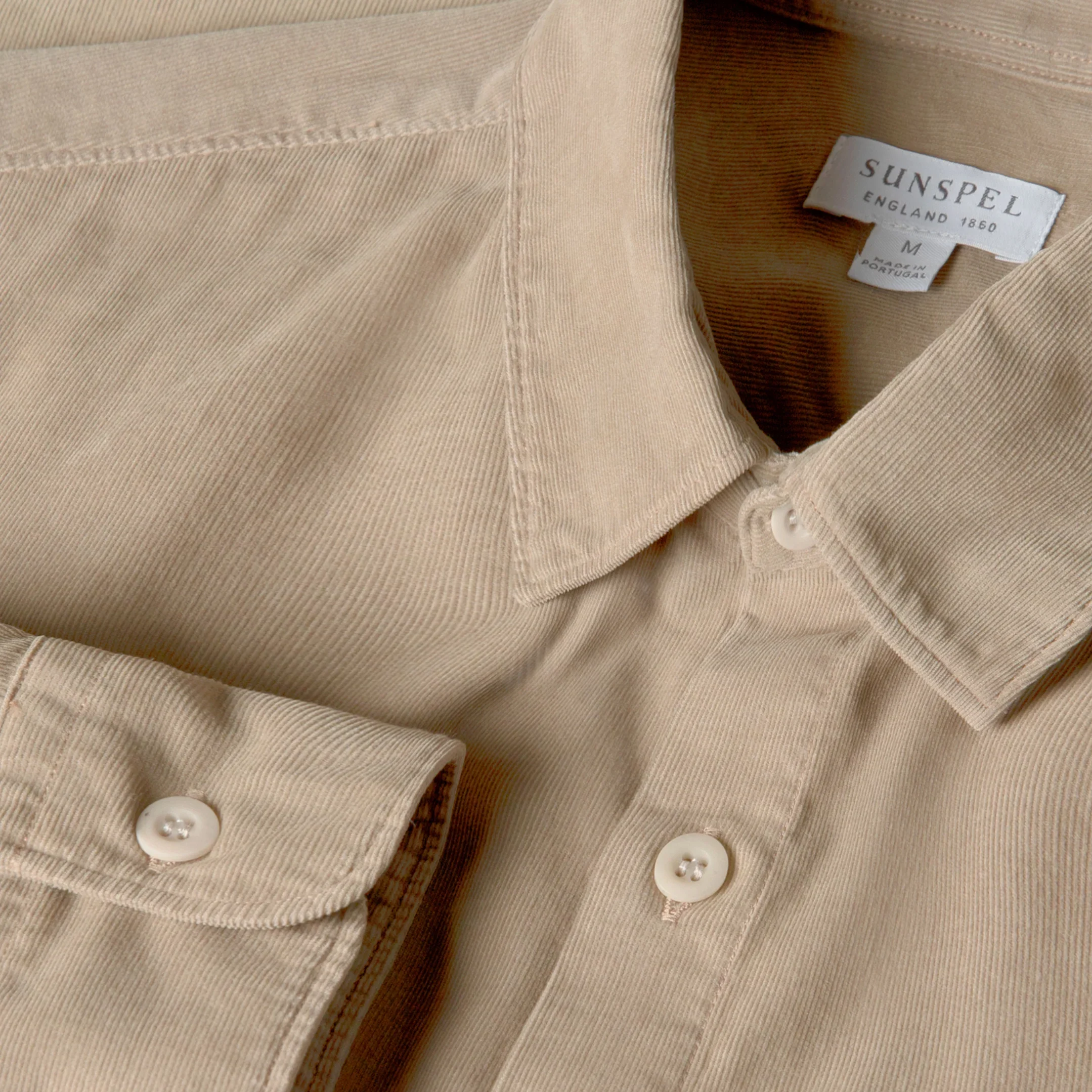 Close View of Sunspel Luxury Fine Cord Shirt in Fog Taupe