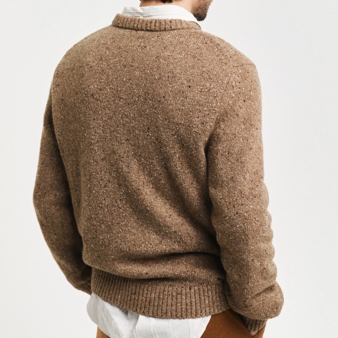 Rear View of Model in GANT Neps Wool Jumper in Light Brown