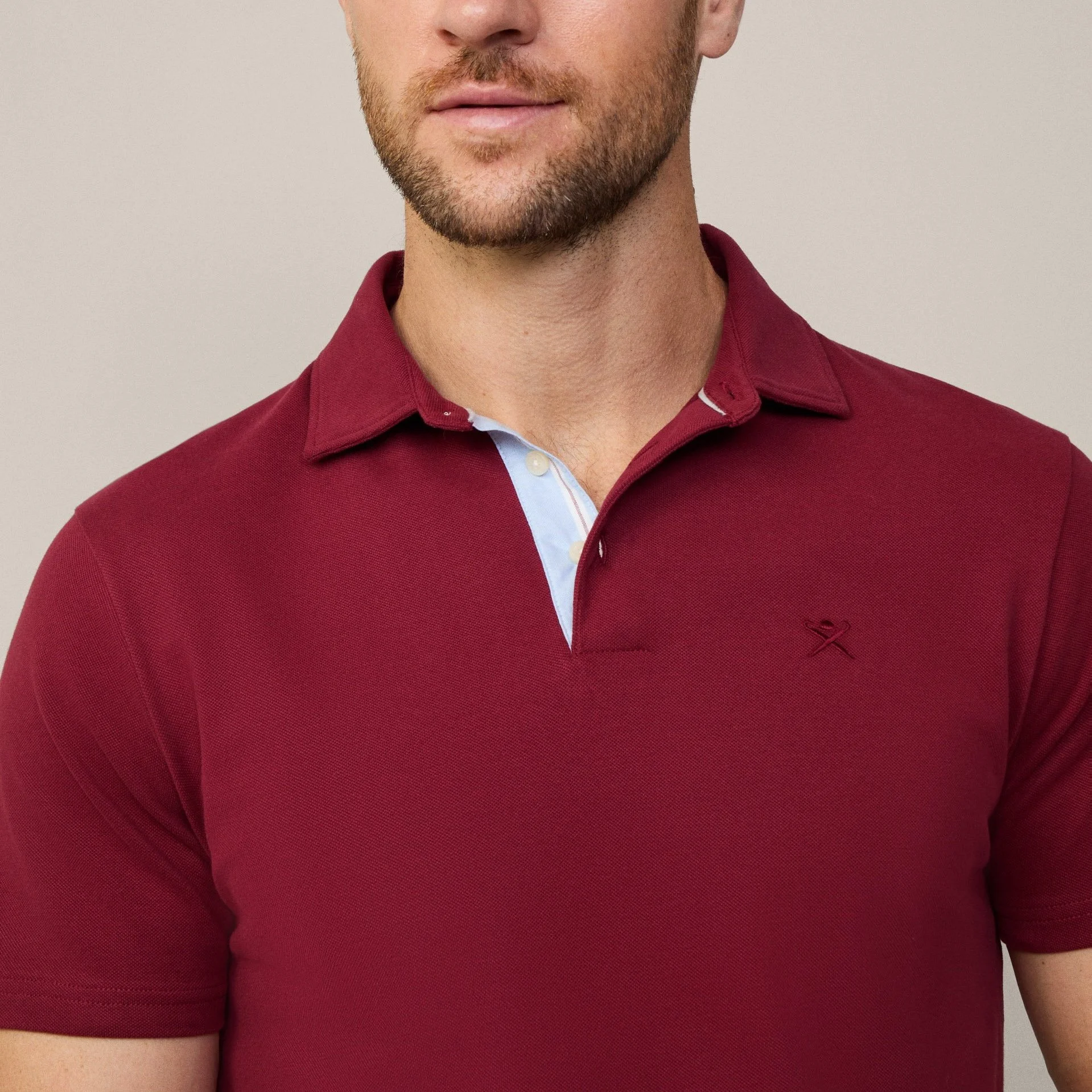 Close View of Model in Hackett Polo in Dark Red