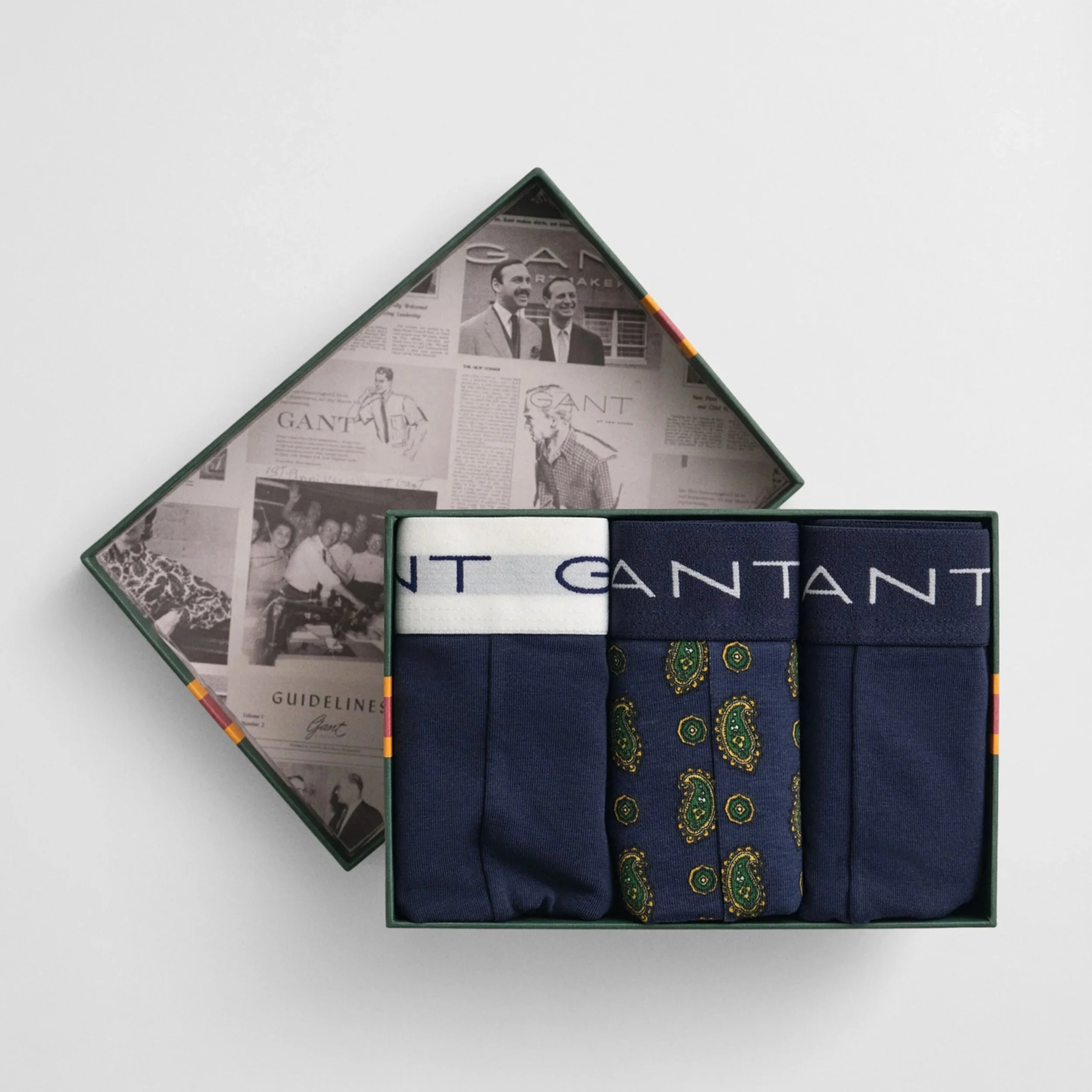 Open Box View of GANT Paisley Trunks Set in Navy