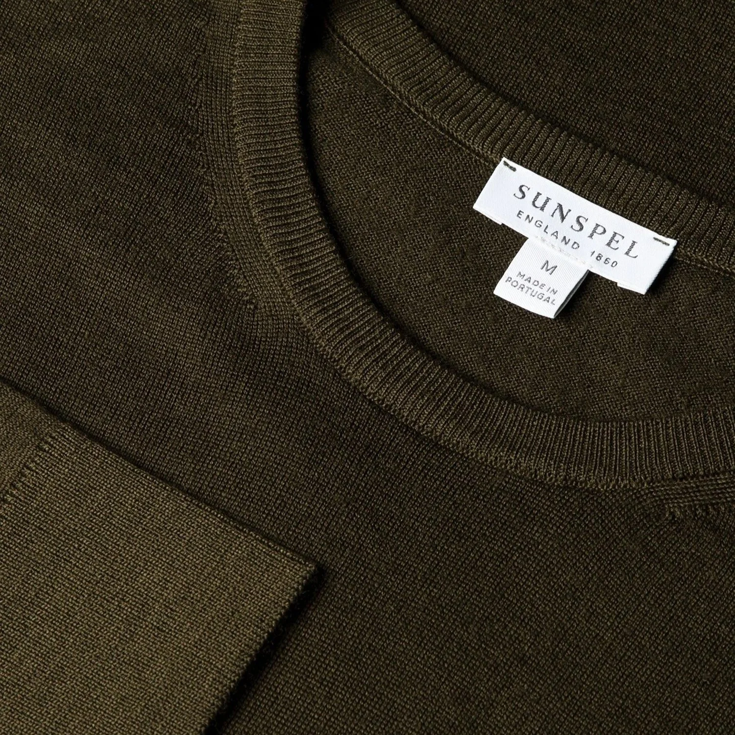 Close View of Sunspel Merino Wool Crew Neck Jumper in Loden Olive Green