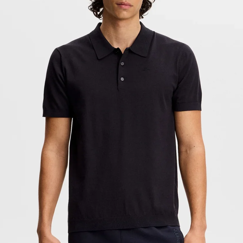 Model View of J Lindeberg Silk Mix Knitted Polo in Navy
