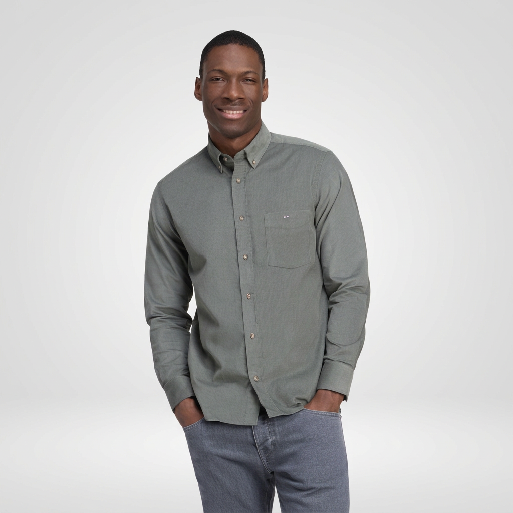 Front View of Model in Eden Park Needle Cord Cotton Shirt in Olive Green