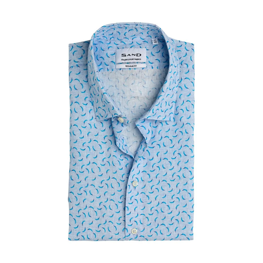 Flat View of SAND Copenhagen Luxury Slim Fit Pattern Linen Short Sleeve Shirt in Blue