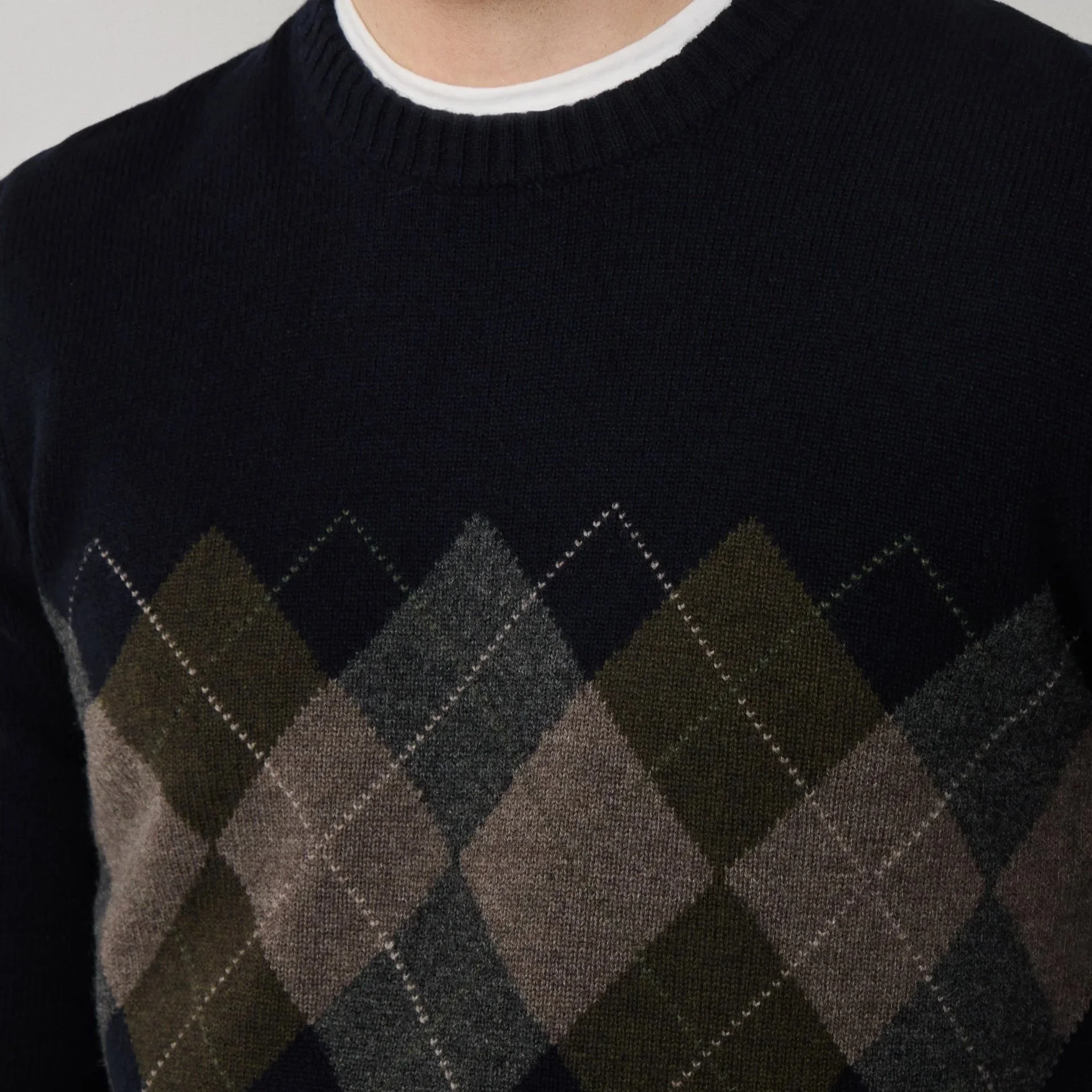 Close Model View of Hackett Merino Argyle Pattern Jumper in Navy and Multi