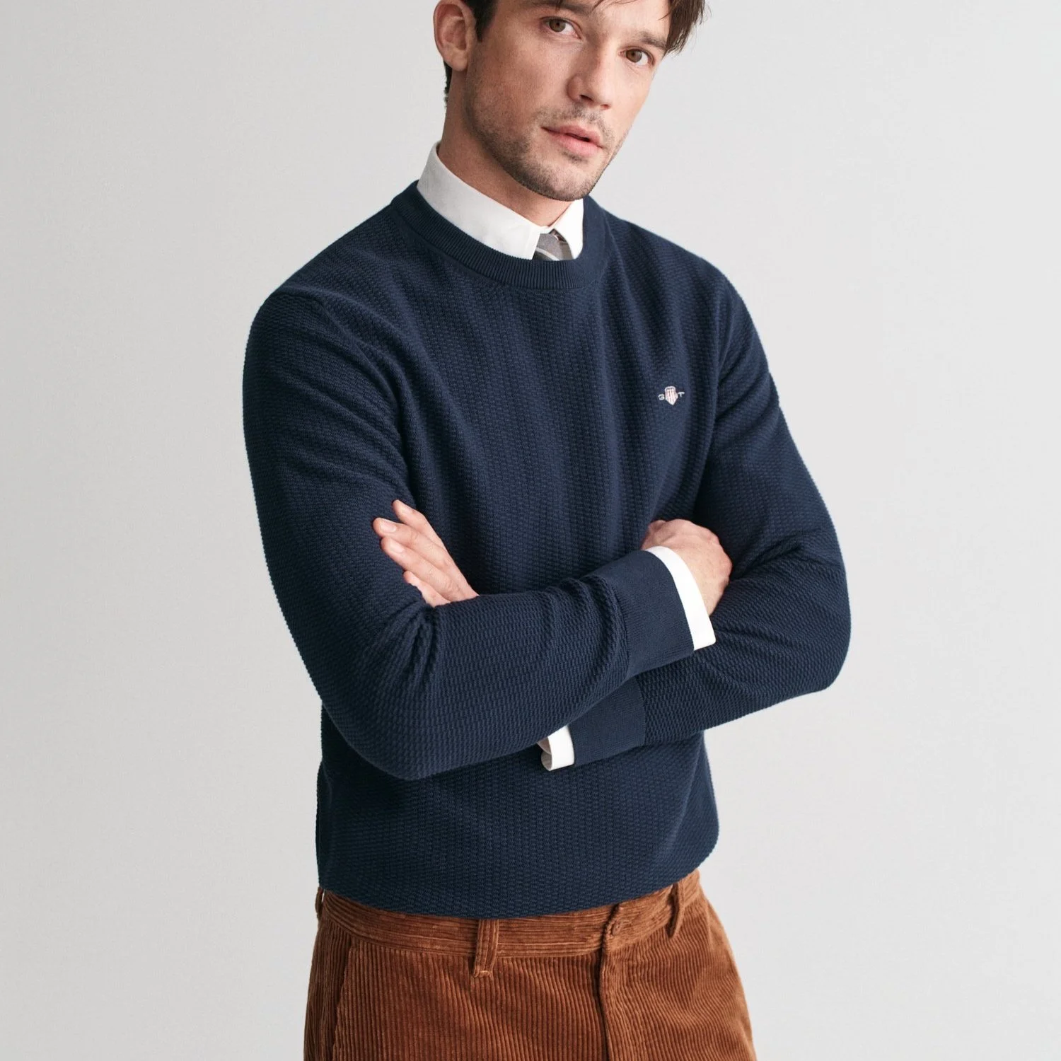 Full View of Model in GANT Cotton Micro Texture Jumper in Navy