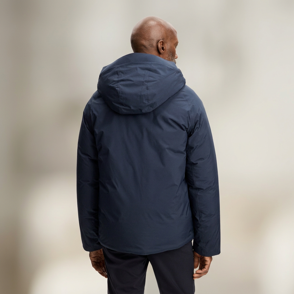 Back View of Model in J Lindeberg Alvin Down Jacket in Navy