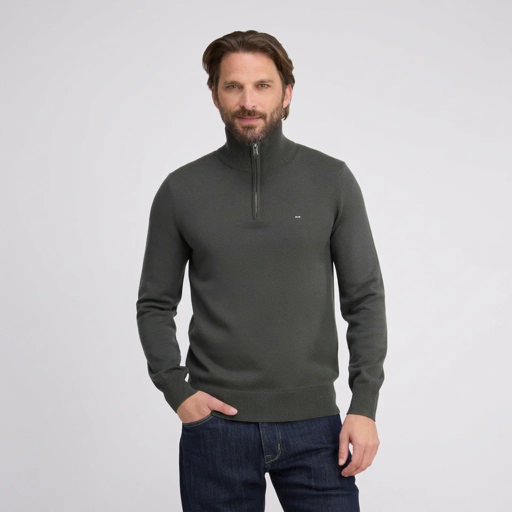 Front View of Model in Eden Park Half Zip Jumper in Olive Green