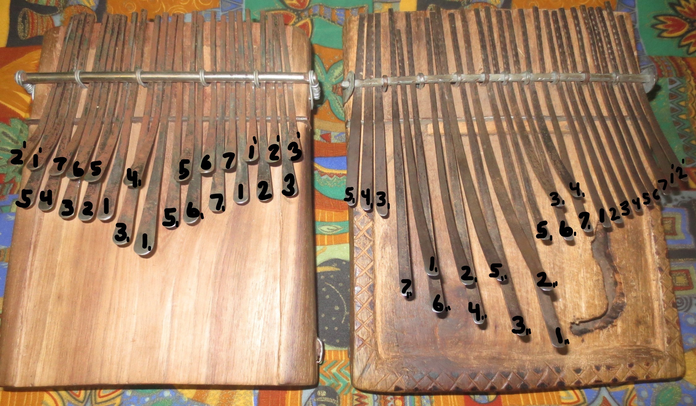 Layout of a Karimba (left) and Matepe (right) that are tuned together. Karimba made by Jacob Mafuleni and matepe made by Chaka Chawasarira.