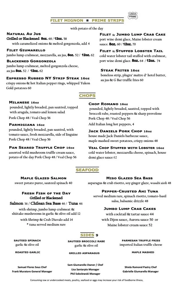 Food Menu | Steaks, Seafood & Northern Italian | Giumarello's Haddon ...