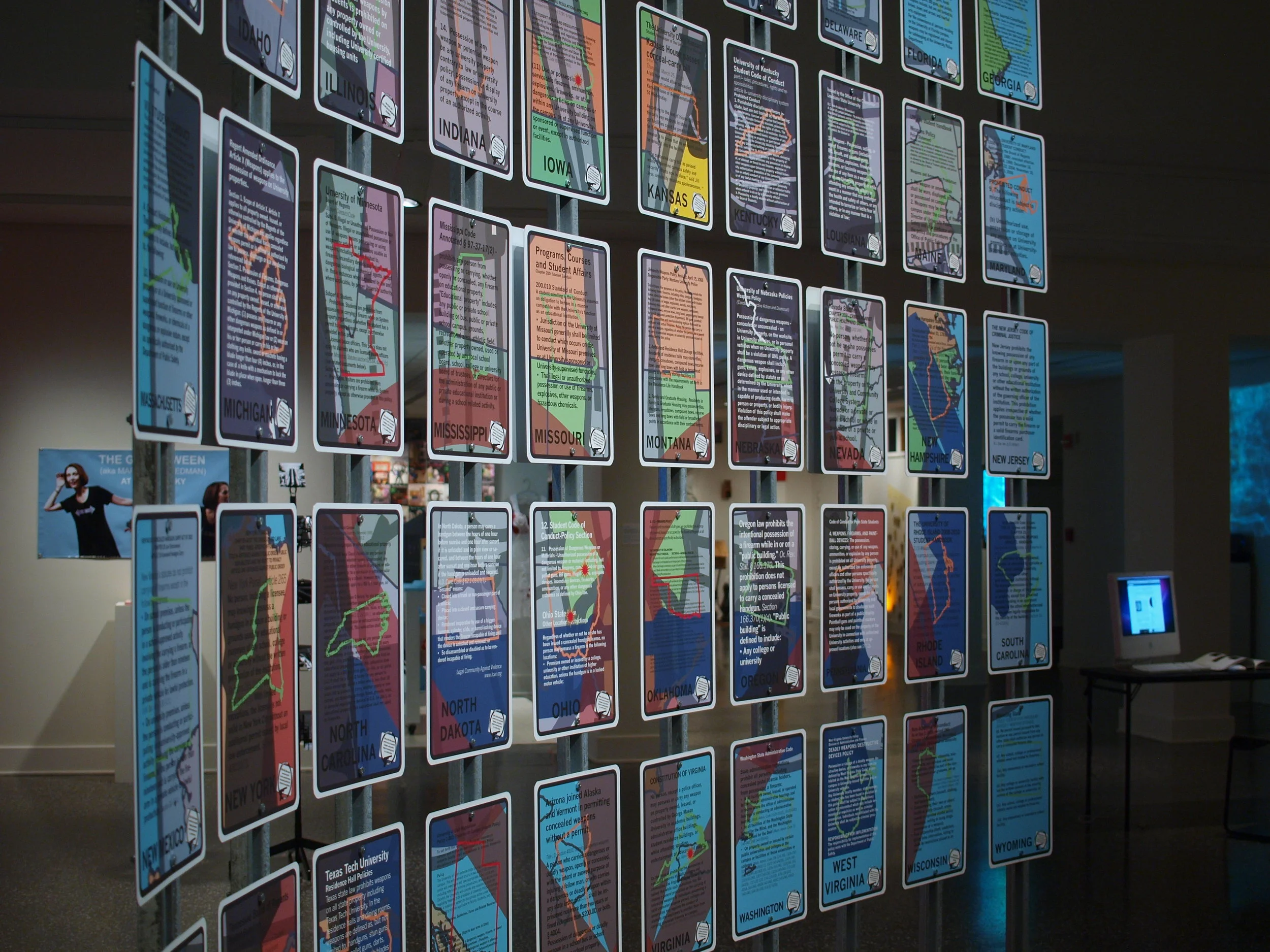   Carrying . A signage installation by Curt Belshe and Lise Prown  The prevalence of guns in our country has a divisive political and social history that is now playing out on college campuses in a response to recent incidents of campus gun violence.