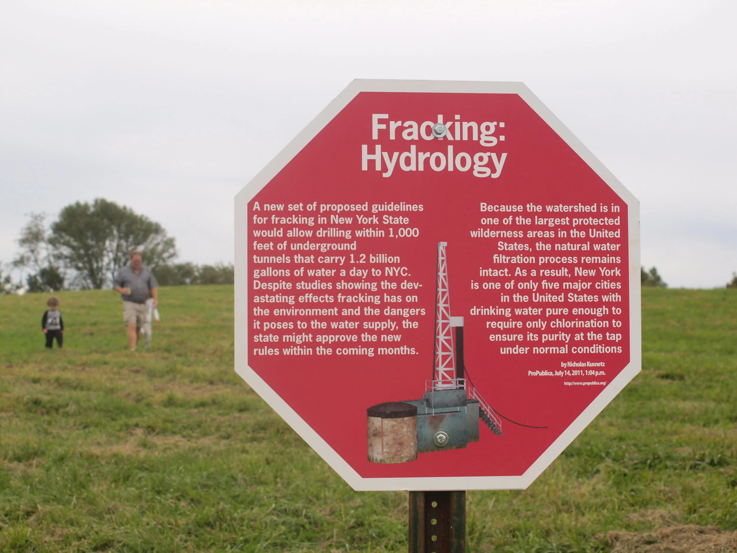  A series of 3 signs and augmented reality models about the pending natural gas drilling in the nearby New York State Watershed. The signs show 3 models of what Fracking Drills look like and they will mark the location where viewers with smartphones 