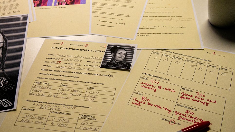  This image is of audition forms. There is a small photograph headshot of Christian Noell Charles in black and white. The forms contain handwritten notes about Christian as an auditionee. 