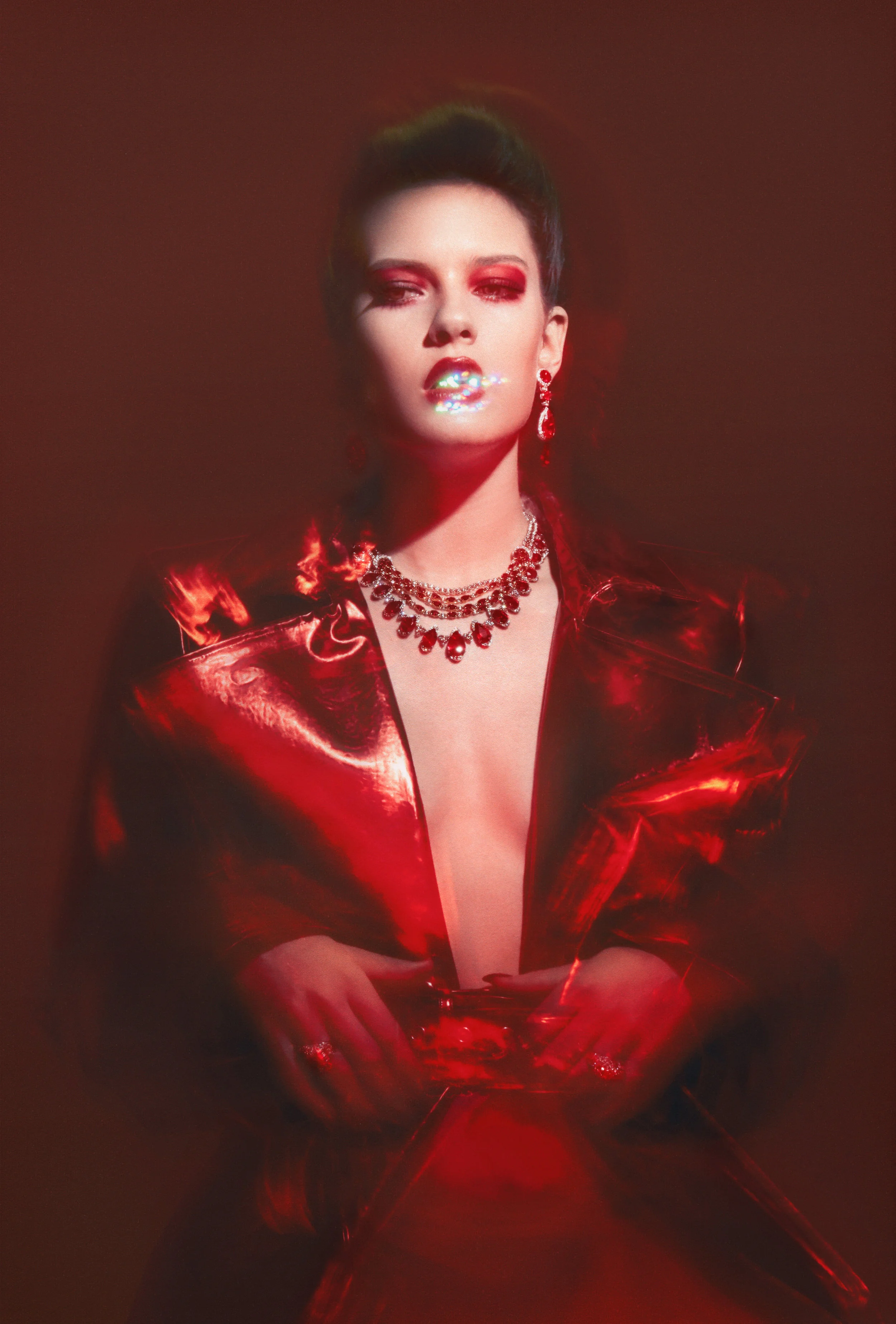 Sophia in Gareth Pugh, Moschino, and Ella Gem