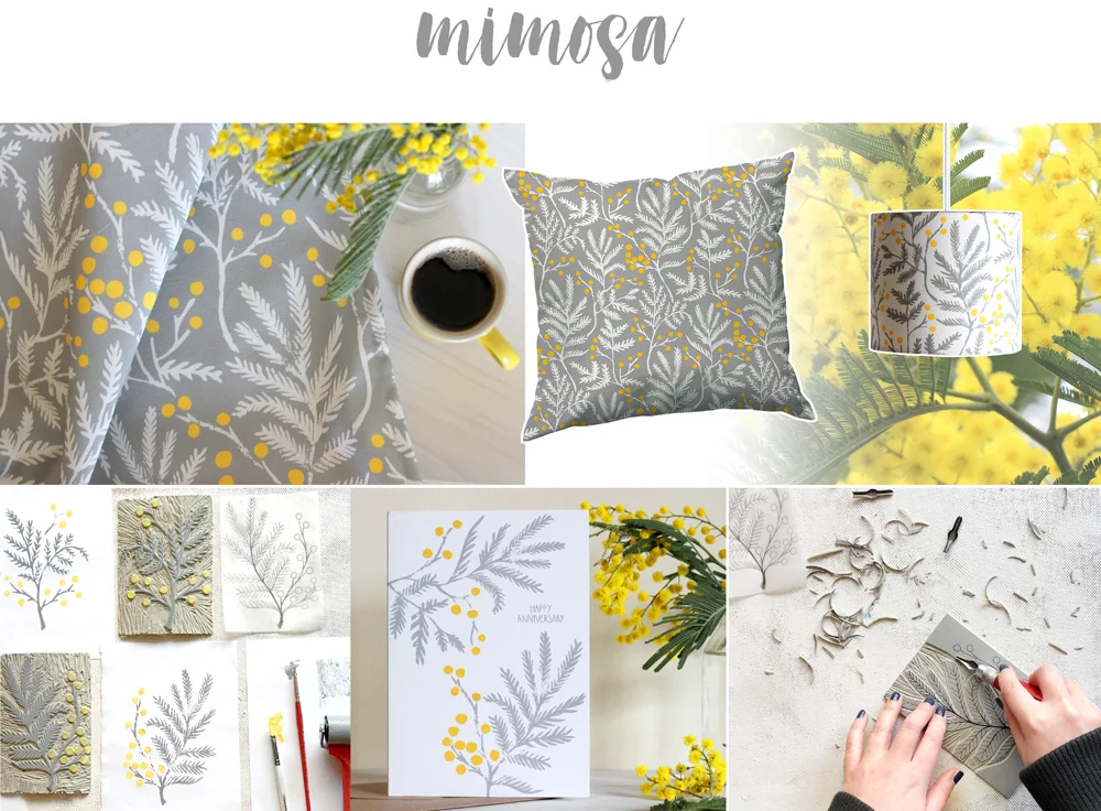 My Mum found a rather sad looking Mimosa plant buried away in the bargain corner of a local nursery. She planted it in a little nook in her garden, never expecting it would flourish...but it’s now as tall as the house, flowering every year! It's one of the most beautiful things I’ve ever seen and inspired my first experiments with lino cutting, from which I developed this pattern.