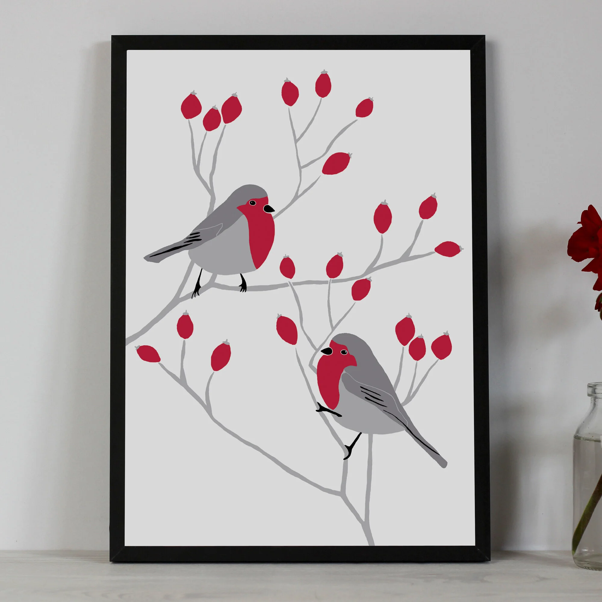SALE - Robin and Rosehip wall art