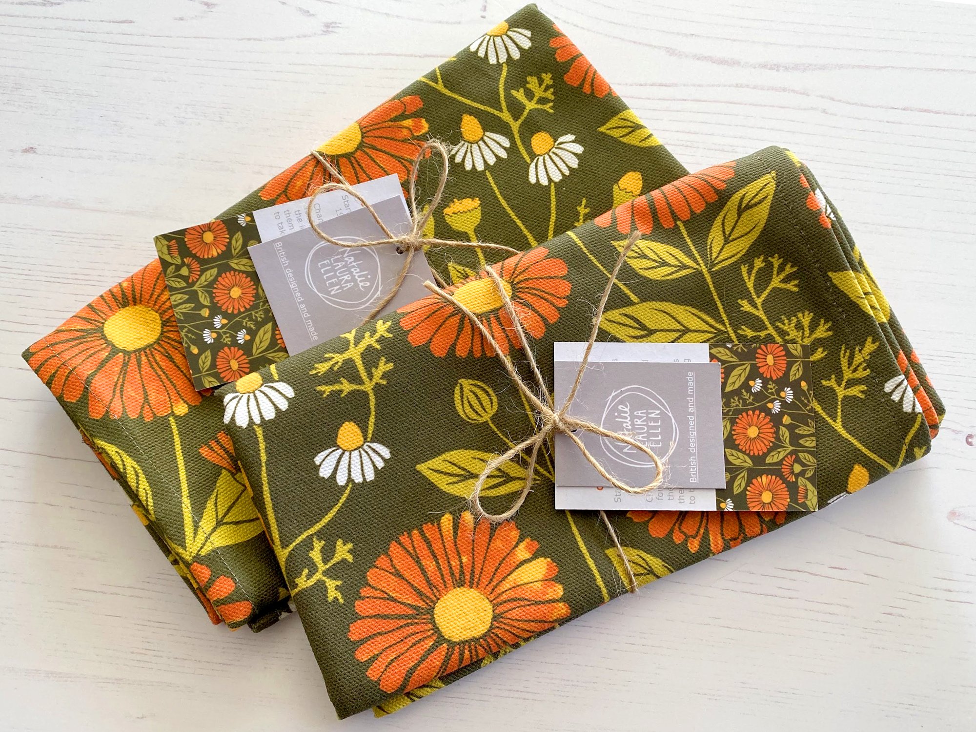 SALE - Set of 2 Calendula and chamomile tea towels