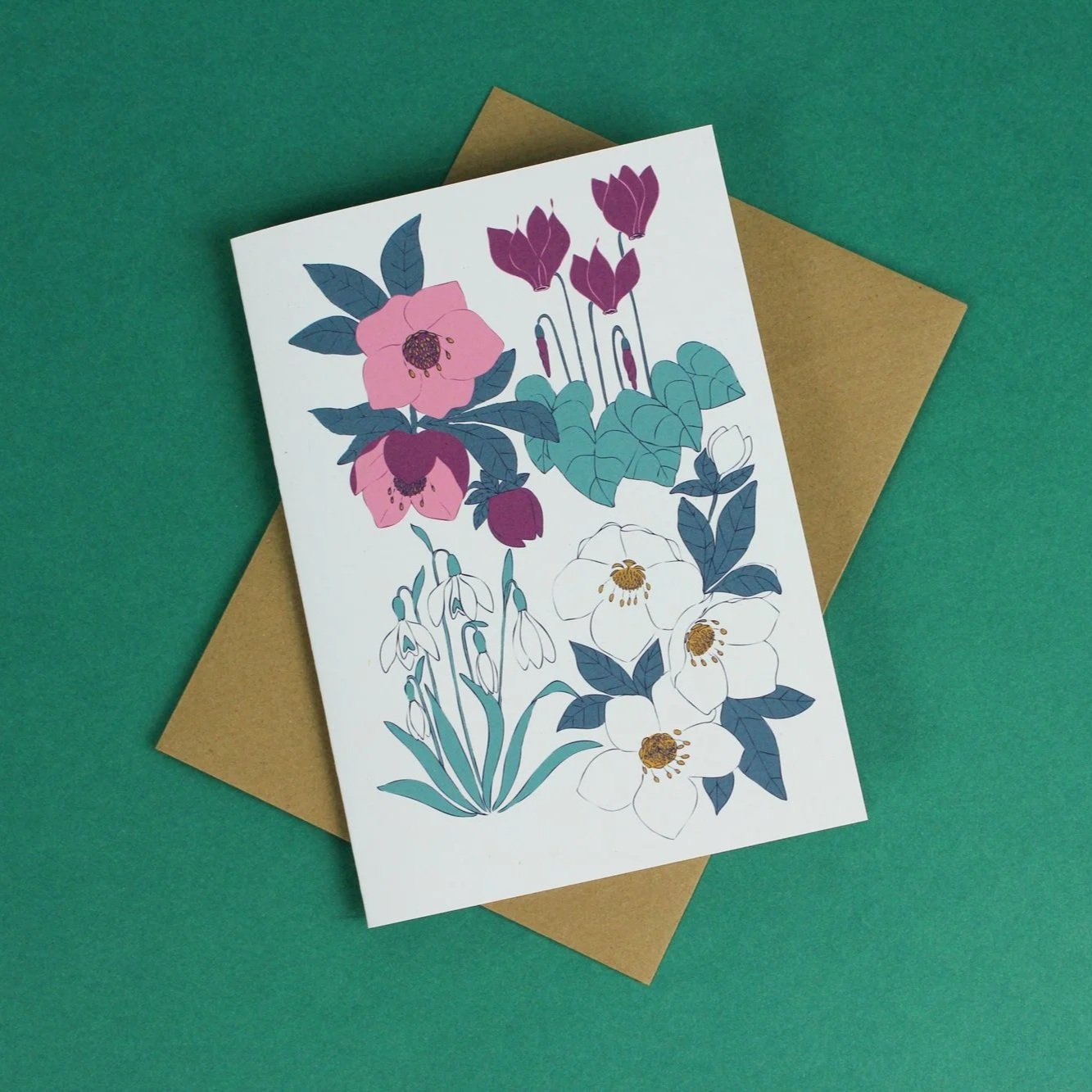 Hellebore and snowdrop greetings card