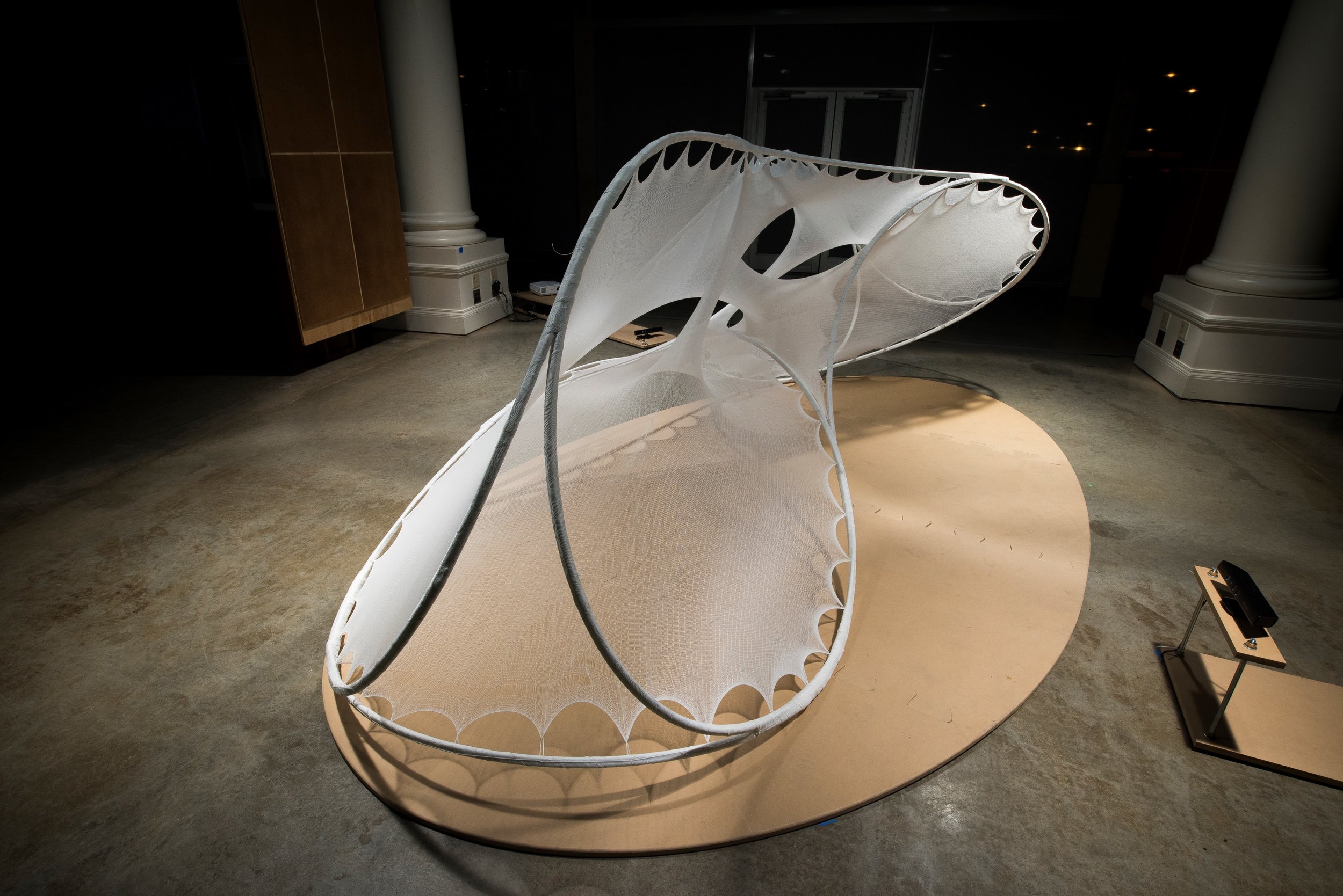 Sensory[STRUCTURE} - Textile-hybrid structure formed of CNC knitted textiles interconnected with glass-fiber reinforced polymer (GFRP) rods.