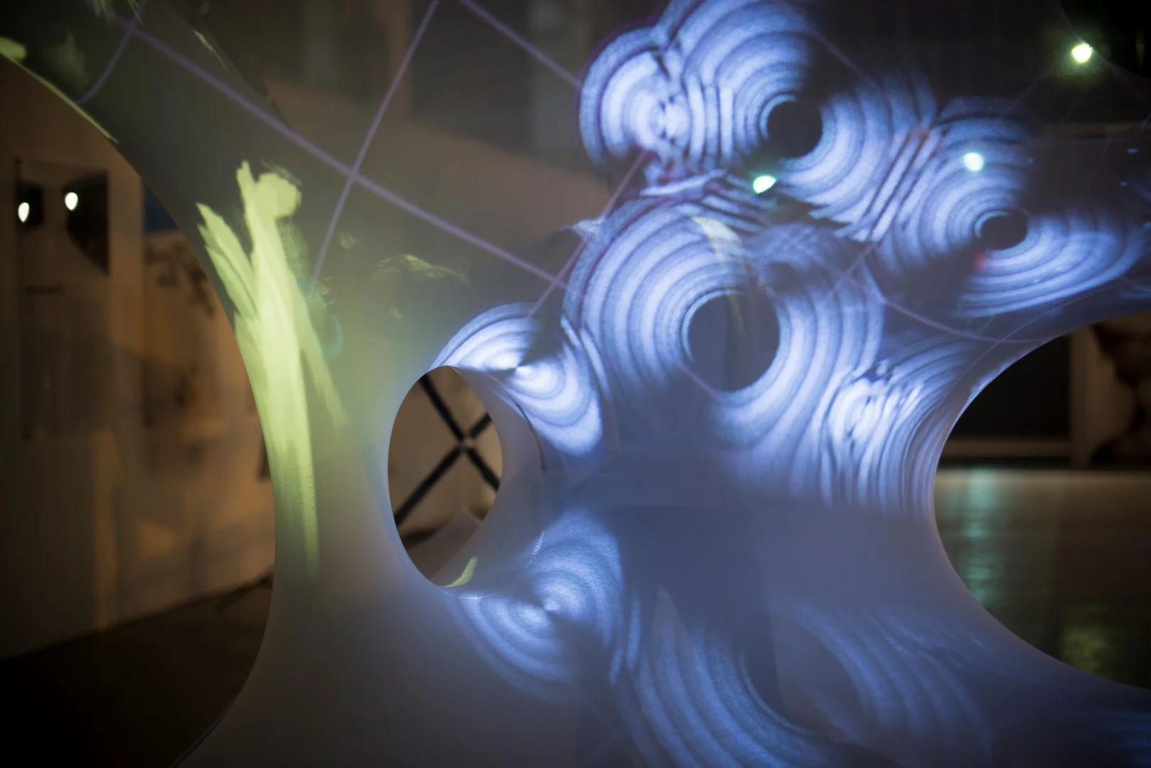 Touching the textile at key locations triggers animations for play across the structure of the sensoryPLAYSCAPE | stretchANIMATE prototype .
