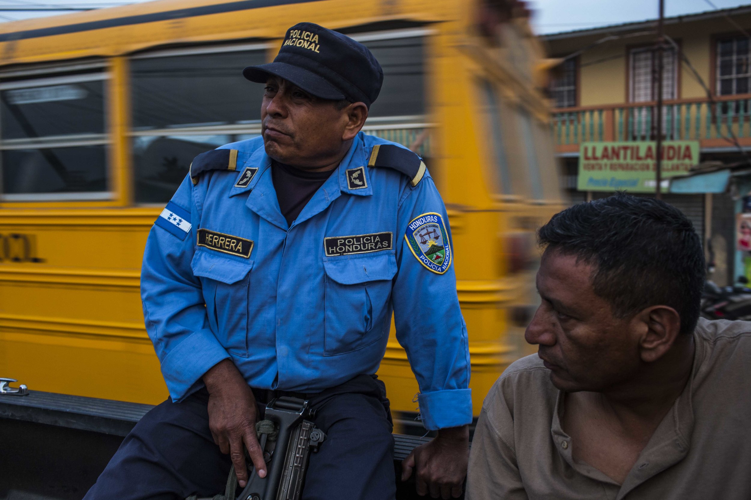 An armed escort home after a conference, the former husband of Berta Caceres, environmental activist assassinated in early March 2016. He, too, such as Caceres, is a member of Cophin group, a very active environmental activist group across the