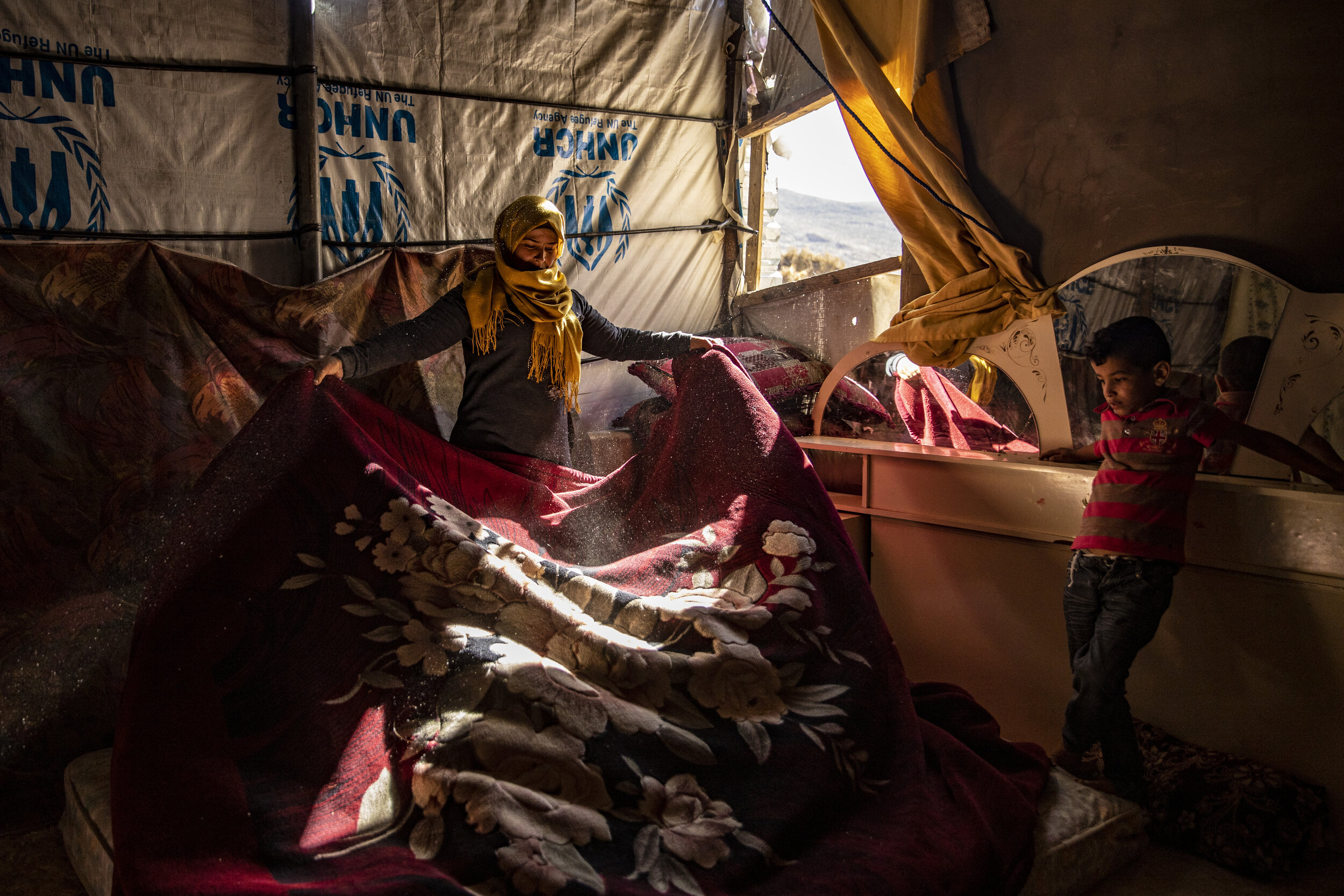 My name is Nisrina Tiekaloush, my age is 27 years old. I have four children. I came to Lebanon in 2011. We left Syria because of the war: the bombing, the air raids that were in the village where we used to live. Our house was destroyed and we had t