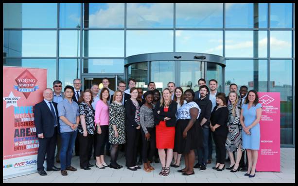 AT THE READY: Candidates and judges outside Fareham Innovation Centre in readiness for the latest shortlist stage of the inaugural Young Start-up Talent Hampshire.
