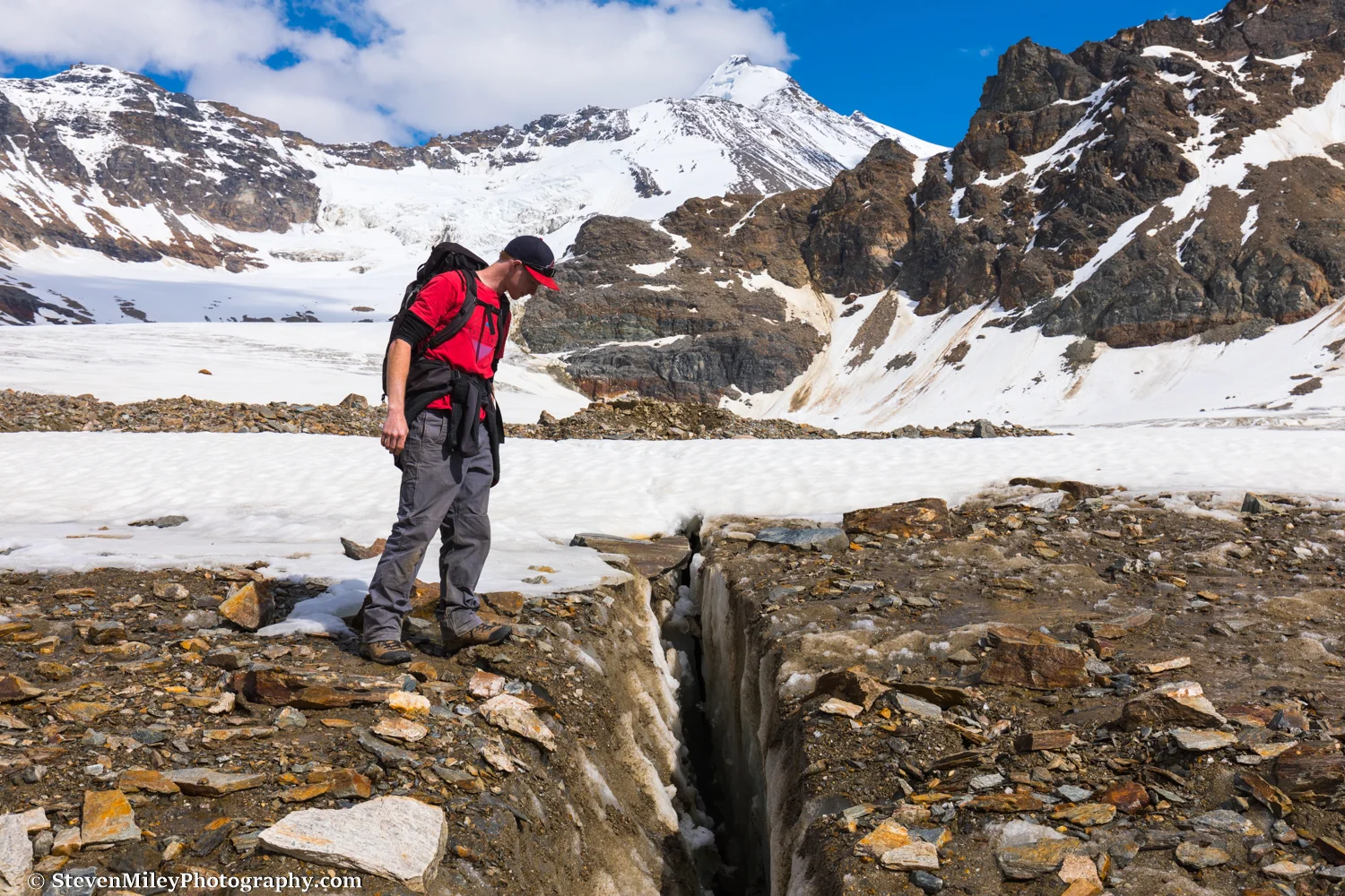 One of the narrow crevasses I hopped across on the White Princess branch of Castner Glacier. Black Cap is in the background.