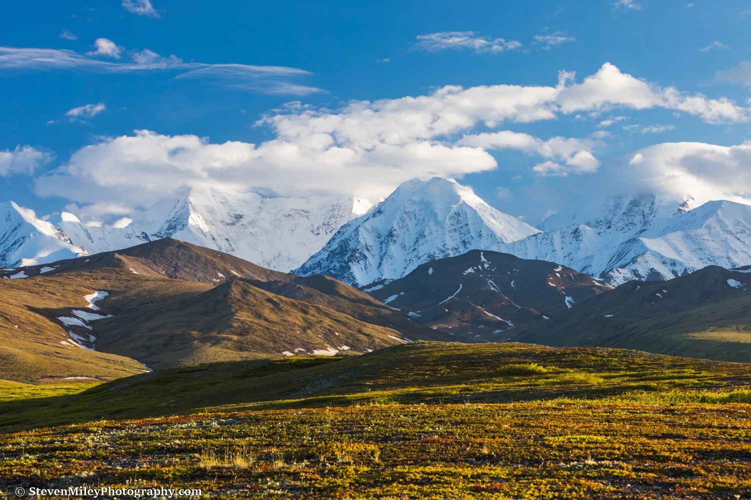 Hiking over tundra toward McGinnis Glacier with McGinnis Peak (left), an unnamed 10K+ foot mountain (center), and Mt. Moffit (right) looming in the distance.