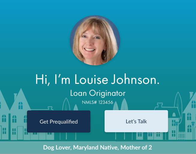 Part of the header showing personal tagline of “Dog lover, Maryland Native, Mother of 2”