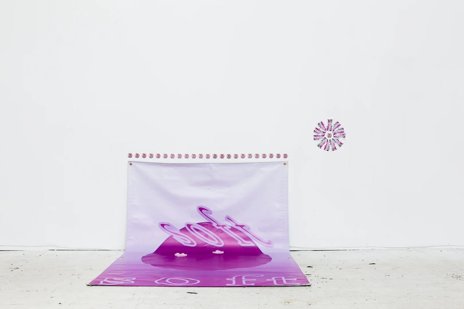 Soft , (2018), vinyl banner, synthetic fur, installation view, Number One Assistant, Kyra’s, Sydney. Photo: Document Photography