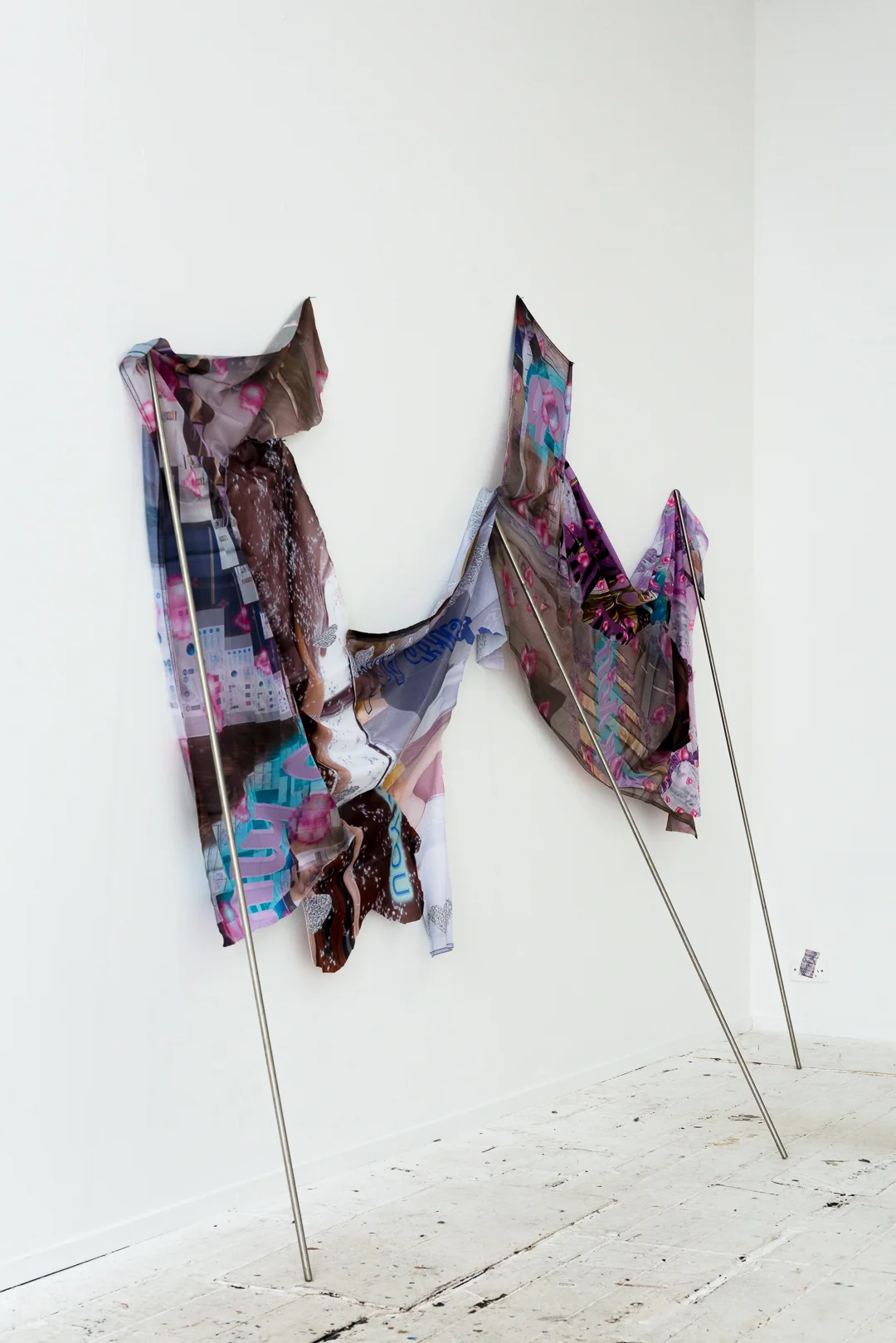 Dreams of an Assistant I , (2018), digital print on polyester, stainless steel rods, installation view, Number One Assistant, Kyra’s, Sydney. Photo: Document Photography